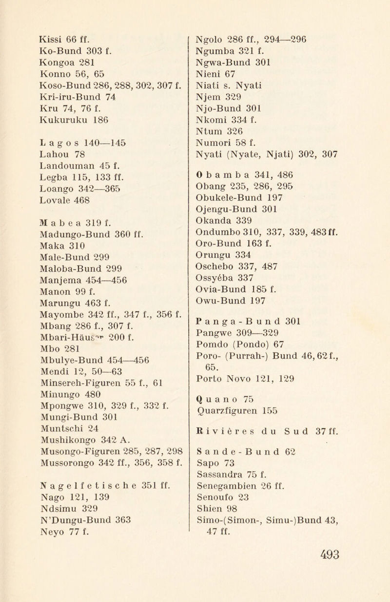 Kissi 66 ff. Ko-Bund 303 f. Kongoa 281 Konno 56, 65 Koso-Bund 286, 288, 302, 307 f. Kri-iru-Bund 74 Kru 74, 76 f. Kukuruku 186 Lagos 140—145 Lahou 78 Landouman 45 f. Legba 115, 133 ff. Loango 342—365 Lovale 468 Mabea 319 f. Madungo-Bund 360 ff. Maka 310 Male-Bund 299 Maloba-Bund 299 Manjema 454—456 Manon 99 f. Marungu 463 f. Mayombe 342 ff., 347 f., 356 f. Mbang 286 f., 307 f. Mbari-Häus^ 200 f. Mbo 281 Mbulye-Bund 454—456 Mendi 12, 50—63 Minsereh-Figuren 55 f., 61 Minungo 480 Mpongwe 310, 329 f., 332 f. Mungi-Bund 301 Muntschi 24 Mushikongo 342 A. Musongo-Figuren 285, 287, 298 Mussorongo 342 ff., 356, 358 f. Nagelfetische 351 ff. Nago 121, 139 Ndsimu 329 N’Dungu-Bund 363 Neyo 77 f. Ngolo 286 ff., 294—296 Ngumba 321 f. Ngwa-Bund 301 Nieni 67 Niati s. Nyati Njem 329 Njo-Bund 301 Nkomi 334 f. Ntum 326 Numori 58 f. Nyati (Nyate, Njati) 302, 307 O b a m b a 341, 486 Obang 235, 286, 295 Obukele-Bund 197 Ojengu-Bund 301 Okanda 339 Ondumbo 310, 337, 339, 483 ff. Oro-Bund 163 f. Orungu 334 Oschebo 337, 487 Ossy6ba 337 Ovia-Bund 185 f. Owu-Bund 197 Fanga-Bund 301 Pangwe 309—329 Pomdo (Pondo) 67 Poro- (Purrah-) Bund 46,62f., 65. Porto Novo 121, 129 Q u a n o 75 Quarzfiguren 155 ßivieres du Sud 37 ff. Sande-Bund 62 Sapo 73 Sassandra 75 f. Senegambien 26 ff. Senoufo 23 Shien 98 Simo-(Simon-, Sirnu-)Bund 43, 47 ff.