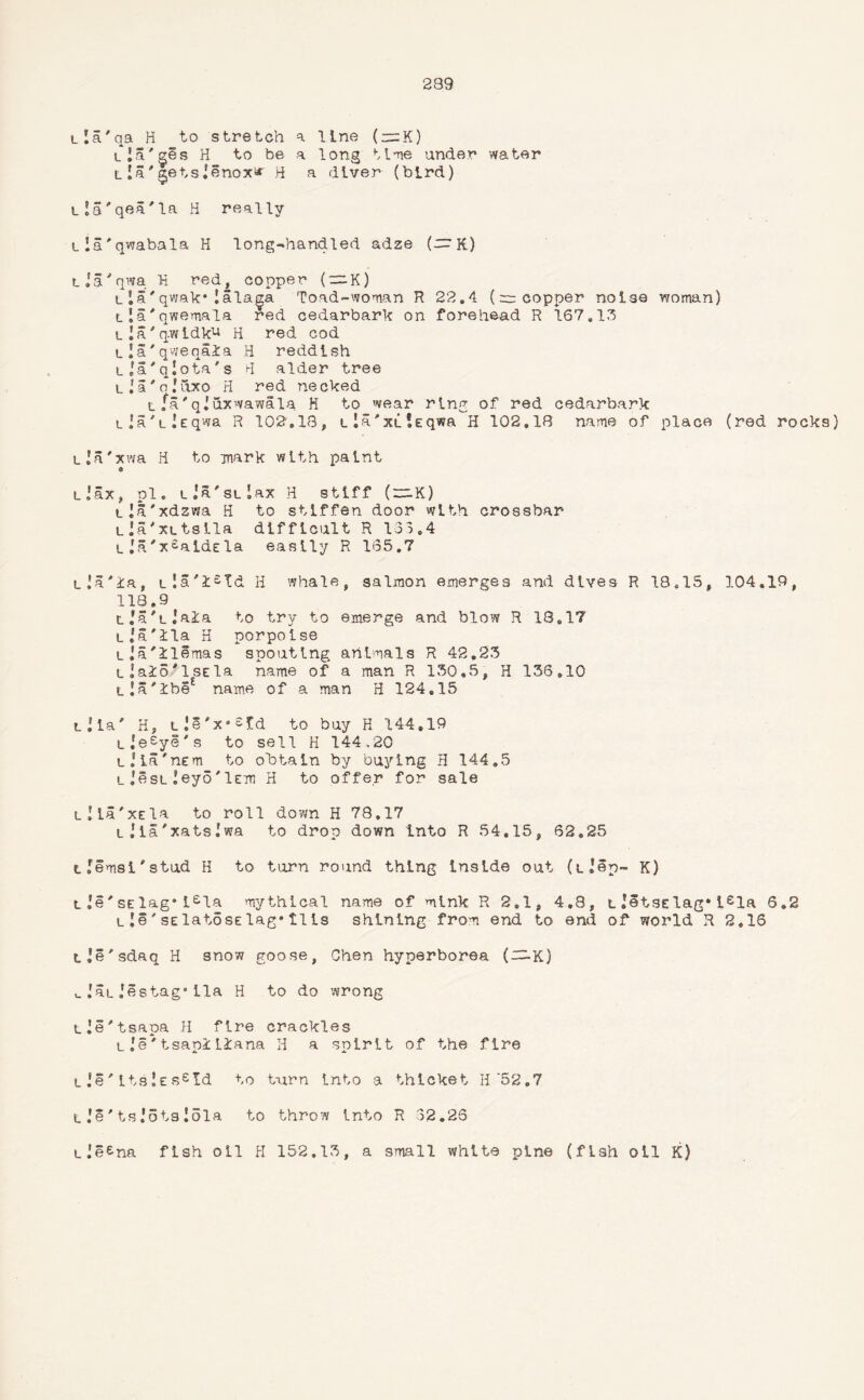 239 Lla'qa H to stretch a line (~K) tla'^es H to be a long time under water lla'^etsienox* H a diver (bird) l!a'qea'la H really tia'qwabala H long-handled adze (zr K) L.'a'qwa H red, copper (—K) lla'qwak*lalaga Toad-woman H 22.4 (rr copper noise woman) t_!a'qwemala red cedarbark on forehead R 167.13 l !a' q.widk11 H red cod tla'qweqaia H reddish L.'a'qlota's rit alder tree l i a ' o uxo H red ne eked lfa'qiuxwawala H to wear ring of red cedarbark L.’a'Lieqwa R 102.18, Lla'xtlfEqwa H 102.18 name of place (red rocks) u.’a'xwa H to mark with paint 9 L.’ax, pi. L.'a'sulax H stiff (znK) tla'xdzwa H to stiffen door with crossbar Lla'xutsila difficult R 131.4 l ,rax^aldEla easily R 165.7 Lia'ia, tIa'i£Td II whale, salmon emerges and dives R 18.15, 104.19, 118.9 L.’a'tiaia to try to emerge and blow R 18.17 ija'lla H porpoise tia'llemas spouting animals R 42.25 t_ lalo'lsela name of a man R 150.5, H 136.10 Lla'lbe* name of a man H 124.15 tlla' H, Lie'x°££d to buy H 144.19 LIeeye's to sell H 144,20 tila'nem to obtain by buying H 144.5 lJest!eyo'Irm H to offer for sale Llla'xEla to roll down H 78.17 ilia'xatslwa to drop down into R 54.15, 62.25 lfernsi'stud H to turn round thing inside out (liep- K) lie'selag*i£la mythical name of mink R 2.1, 4.8, lJetSElag*l£la 6.2 lle'selatosElag*tlis shining from end to end of world R 2.16 L.e'sdaq H snow goose, Ohen hyperborea (^-K) u .’at Jestag* ila H to do wrong tie'tsapa H fire crackles l ,'e ' tsapl Liana H a spirit of the fire lie'its!es£Id to turn Into a thicket H'52.7 LJe'tsJots!ola to throw Into R 32.26 Lle^na fish oil H 152.13, a small white pine (fish oil K)