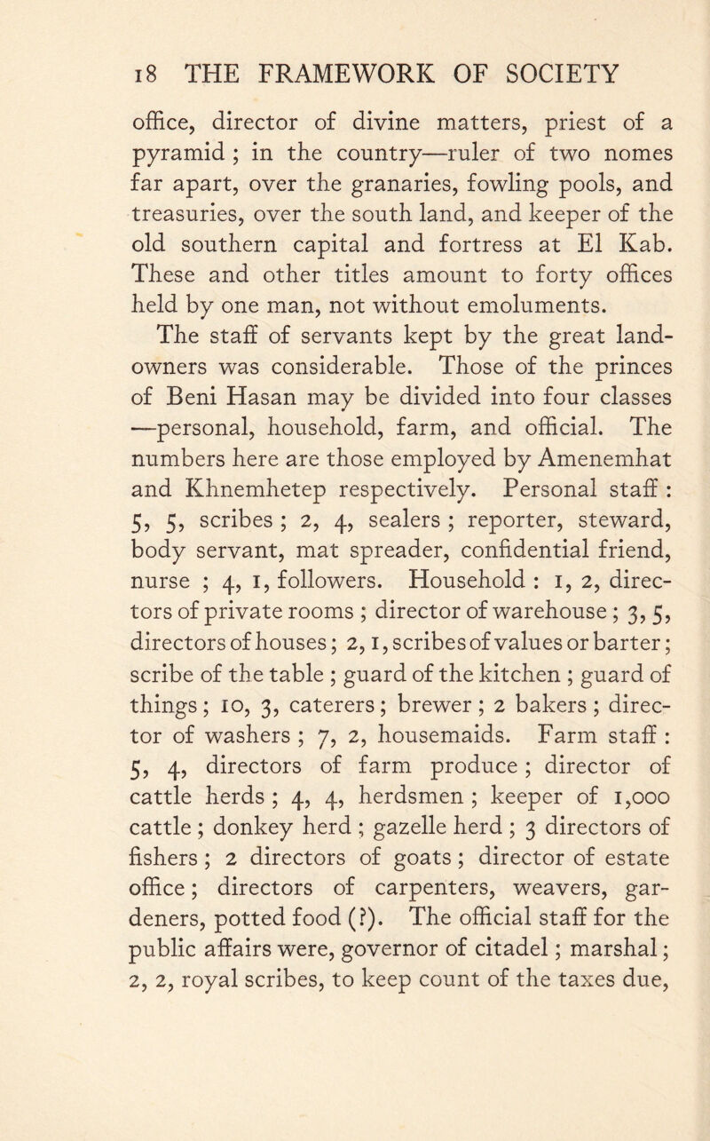 office, director of divine matters, priest of a pyramid ; in the country—ruler of two nomes far apart, over the granaries, fowling pools, and treasuries, over the south land, and keeper of the old southern capital and fortress at El Kab. These and other titles amount to forty offices held by one man, not without emoluments. The staff of servants kept by the great land- owners was considerable. Those of the princes of Beni Hasan may be divided into four classes —personal, household, farm, and official. The numbers here are those employed by Amenemhat and Khnemhetep respectively. Personal staff : 5, 5, scribes ; 2, 4, sealers ; reporter, steward, body servant, mat spreader, confidential friend, nurse ; 4, 1, followers. Household : 1,2, direc¬ tors of private rooms ; director of warehouse ; 3, 5, directors of houses; 2,1, scribes of values or barter; scribe of the table ; guard of the kitchen ; guard of things; 10, 3, caterers; brewer; 2 bakers; direc¬ tor of washers ; 7, 2, housemaids. Farm staff : 5, 4, directors of farm produce; director of cattle herds ; 4, 4, herdsmen ; keeper of 1,000 cattle ; donkey herd ; gazelle herd ; 3 directors of fishers ; 2 directors of goats ; director of estate office; directors of carpenters, weavers, gar¬ deners, potted food (?). The official staff for the public affairs were, governor of citadel; marshal; 2, 2, royal scribes, to keep count of the taxes due,