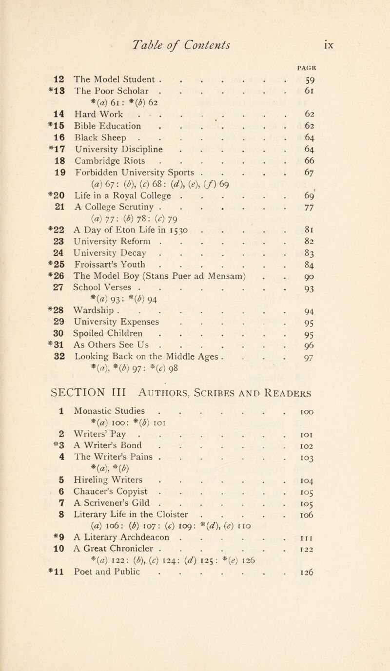 PAGE 12 The Model Student ....... 59 *13 The Poor Scholar ....... 61 *(a) 61 : *{b) 62 14 Hard Work . . . . > . . . . 62 *15 Bible Education.62 16 Black Sheep ........ 64 *17 University Discipline ...... 64 18 Cambridge Riots ....... 66 19 Forbidden University Sports.67 («) 67 : 0), (c) 68 : (d), (*), (/) 69 *20 Life in a Royal College.69 21 A College Scrutiny ....... 77 (a) 77: (b) 78: (c) 79 *22 A Day of Eton Life in 1530 ..... 81 23 University Reform ....... 82 24 University Decay ..83 *25 Froissart’s Youth.84 *26 The Model Boy (Stans Puer ad Mensam) . . 90 27 School Verses ........ 93 *(a) 93: 94 *28 Wardship . . 94 29 University Expenses ...... 95 30 Spoiled Children ....... 95 *31 As Others See Us.96 32 Looking Back on the Middle Ages ... 97 *(«),*(*) 97: *0) 98 SECTION III Authors, Scribes and Readers 1 Monastic Studies. 100 *(«) 100: *(b) 101 2 Writers’ Pay .. IOI *3 A Writer’s Bond. 102 4 The Writer’s Pains. 103 *(«), *0) 5 Hireling Writers. 104 6 Chaucer’s Copyist . . . 105 7 A Scrivener’s Gild. 105 8 Literary Life in the Cloister .... 106 (a) 106: (b) 107: (c) 109: *{d), (e) no *9 A Literary Archdeacon. 111 10 A Great Chronicler. f 22 *{a) 122: (£), (c) 124: {d) 125: *(e) 126 *11 Poet and Public ...... 126