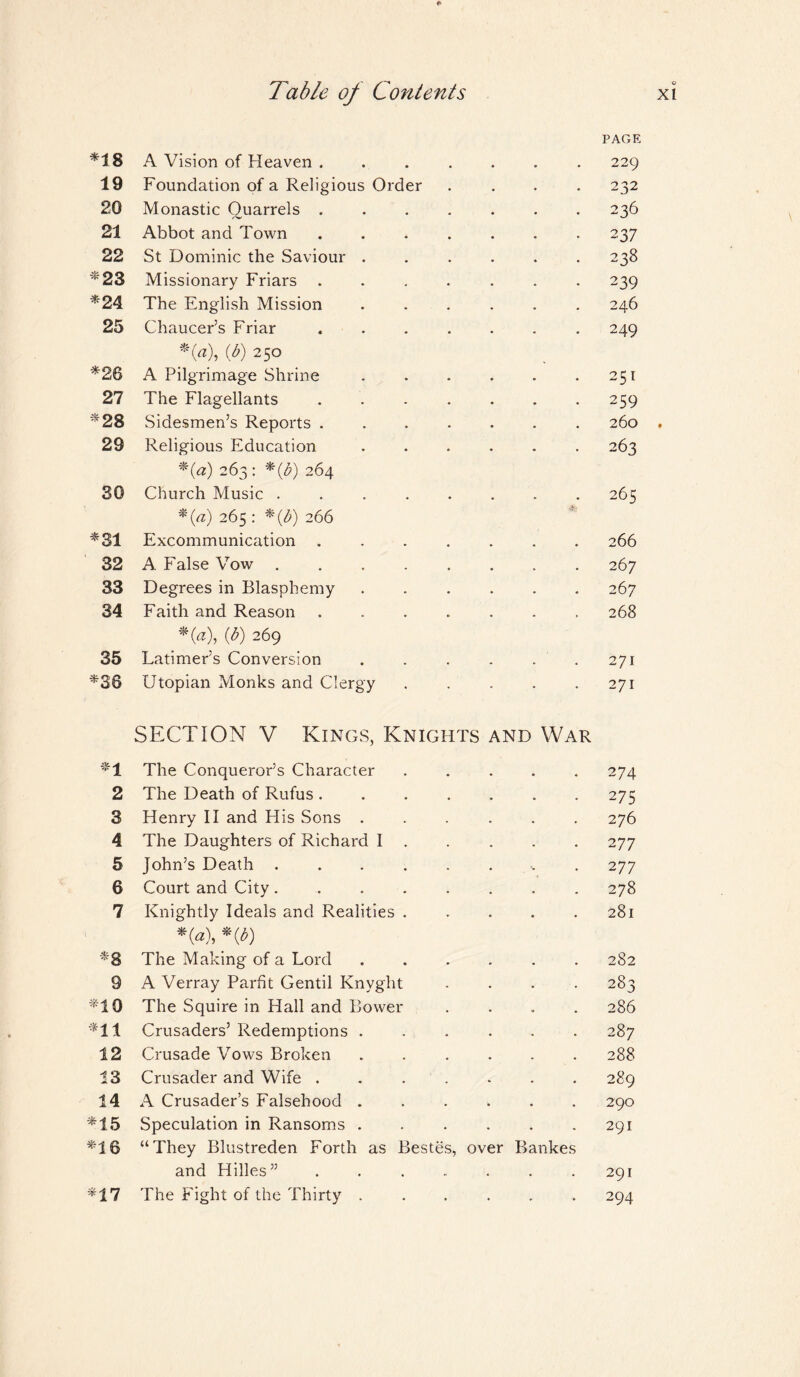 PACK *18 A Vision of Heaven ...... 229 19 Foundation of a Religious Order 232 20 Monastic Quarrels. . 236 21 Abbot and Town ...... • 2 37 22 St Dominic the Saviour ..... . 238 *23 Missionary Friars ...... • 239 *24 The English Mission ..... 246 25 Chaucer’s Friar. . 249 *(a\ (b) 250 *26 A Pilgrimage Shrine. 251 27 The Flagellants. . 259 *28 Sidesmen’s Reports. 260 29 Religious Education ..... • 263 *(<2) 263 : *(£) 264 30 Church Music ....... 265 *0) 265: *{b) 266 *31 Excommunication ...... 266 32 A False Vow ....... 267 33 Degrees in Blasphemy ..... 267 34 Faith and Reason ...... . 268 *0), ip) 269 35 Latimer’s Conversion 271 *36 Utopian Monks and Clergy .... 271 SECTION V Kings, Knights and War *1 The Conqueror’s Character 274 2 The Death of Rufus .... 275 3 Henry II and His Sons . 276 4 The Daughters of Richard I 2 77 5 John’s Death ..... . 2 77 6 Court and City..... 278 7 Knightly Ideals and Realities . *(a), *V) 281 *8 The Making of a Lord 282 9 A Verray Parfit Gentil Knyght 283 *10 The Squire in Hall and Bower 286 *11 Crusaders’ Redemptions . 287 12 Crusade Vows Broken 288 13 Crusader and Wife .... 289 14 A Crusader’s Falsehood . 290 *15 Speculation in Ransoms . 291 *16 “They Blustreden Forth as Bestes, over Bankes and Hilles ” .... • 291 *17 The Fight of the Thirty . . r • 294