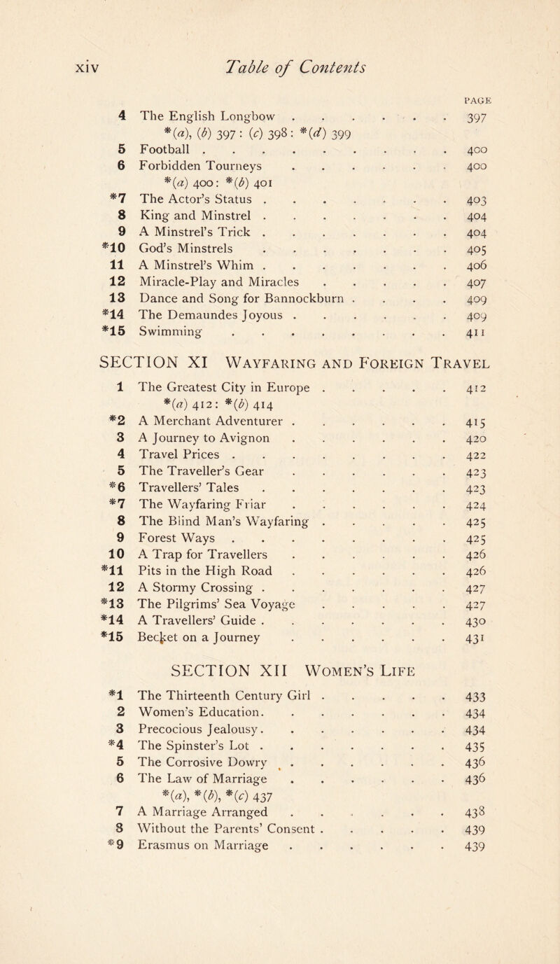 PAGE 4 The English Longbow . . . . ■ . • 397 *0), T) 397 : 0) 398 : *(*/) 399 5 Football ........ 6 Forbidden Tourneys ..... 400 *0) 400: *{p) 401 *7 The Actor’s Status ...... • 403 8 King and Minstrel. . 404 9 A Minstrel’s Trick ...... . 404 MO God’s Minstrels. . 405 11 A Minstrel’s Whim ...... 406 12 Miracle-Play and Miracles .... . 407 13 Dance and Song for Bannockburn . 409 *14 The Demaundes Joyous. . 409 *15 Swimming ....... SECTION XI Wayfaring and Foreign Travel l The Greatest City in Europe .... 412 *0) 412: *(b) 414 *2 A Merchant Adventurer ..... . 415 3 A Journey to Avignon ..... 420 4 Travel Prices.. . 422 5 The Traveller’s Gear ..... . 423 *6 Travellers’ Tales. • 423 *7 The Wayfaring Friar ..... 424 8 The Blind Man’s Wayfaring .... • 425 9 Forest Ways ....... . 425 10 A Trap for Travellers ..... 426 Ml Pits in the High Road ..... 426 12 A Stormy Crossing. 427 *13 The Pilgrims’ Sea Voyage .... . 427 M4 A Travellers’ Guide ...... • 430 M5 Bechet on a Journey. • 431 SECTION XII Women’s Life *1 The Thirteenth Century Girl .... • 433 2 Women’s Education. • 434 3 Precocious Jealousy. • 434 -*-4 The Spinster’s Lot. • 435 5 The Corrosive Dowry . • 436 6 The Law of Marriage ..... • 436 *(«), *(*), 437 7 A Marriage Arranged ..... • 433 8 Without the Parents’ Consent .... • 439 *9 Erasmus on Marriage ..... • 439