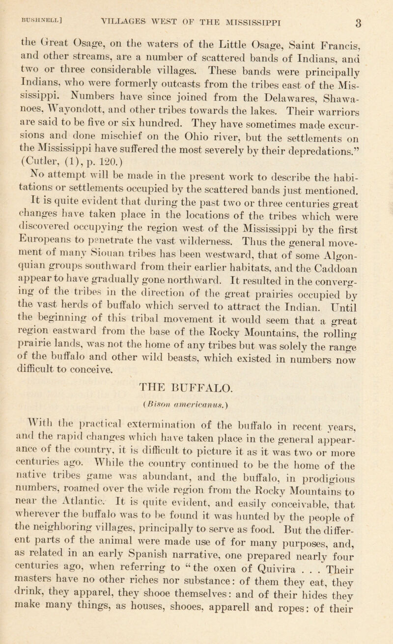 the G^reat Osag’e, on the waters of the Little Osage, Saint Francis, and other streams, are a number of scattered bands of Indians, and two or three considerable villages. These bands were principally Indians, who were formerly outcasts from the tribes east of the Mis¬ sissippi. Numbers have since joined from the Delawares, Shawa- noes, M ayondott, and other tribes towards the lakes. Their warriors are said to be five or six hundred. They have sometimes made excur¬ sions and done mischief on the Ohio river, but the settlements on the Mississippi have suffered the most severely by their depredations.” (Cutler, (1), p. 120.) No attempt will be made in the present work to describe the habi¬ tations or settlements occupied by the scattered bands just mentioned. It is quite evident that during the past two or three centuries great changes have taken place in the locations) of the tribes which were discovered occupying the region west of the Mississippi by the first Europeans to penetrate the vast wilderness. Thus the general move¬ ment of many Sion an tribes has been westward, that of some Algon- quian groups southward from their earlier habitats, and the Caddoan appear to have gradually gone northward. It resulted in the converg¬ ing of the tribes in the direction of the great prairies occupied by the vast herds of buffalo which served to attract the Indian. Until the beginning of this tribal movement it would seem that a great region eastward from the base of the Kocky Mountains, the rolling prairie lands, was not the home of any tribes but was solely the range of the buffalo and other wild beasts, which existed in numbers now difficult to conceive. N THE BUFFALO. (Bison americanus.) With the jiractical extei’inination of the buffalo in recent years, and the ra]ud changes which have taken place in the general appear¬ ance of the country, it is difficult to picture it as it was two or more centuries ago. While the country continued to be the home of the native tribes game was abundant, and the buffalo, in prodigious numbers, roamed over the wide region from the Rocky Mountains to near the Atlantic. It is quite evident, and easily conceivable, that A\ heie\er the buffalo was to be found it wasi hunted by the people of the neighboring villages, principally to serve as food. But the differ¬ ent parts of the animal were made use of for many purposes, and, as related in an early Spanish narrative, one prepared nearly four centuries ago, when referring to “the oxen of Quivira . . . Their masters have no other riches nor substance: of them they eat, they drink, they apparel, they shooe themselves: and of their hides they make many things, as houses, shooes, apparell and ropes: of their