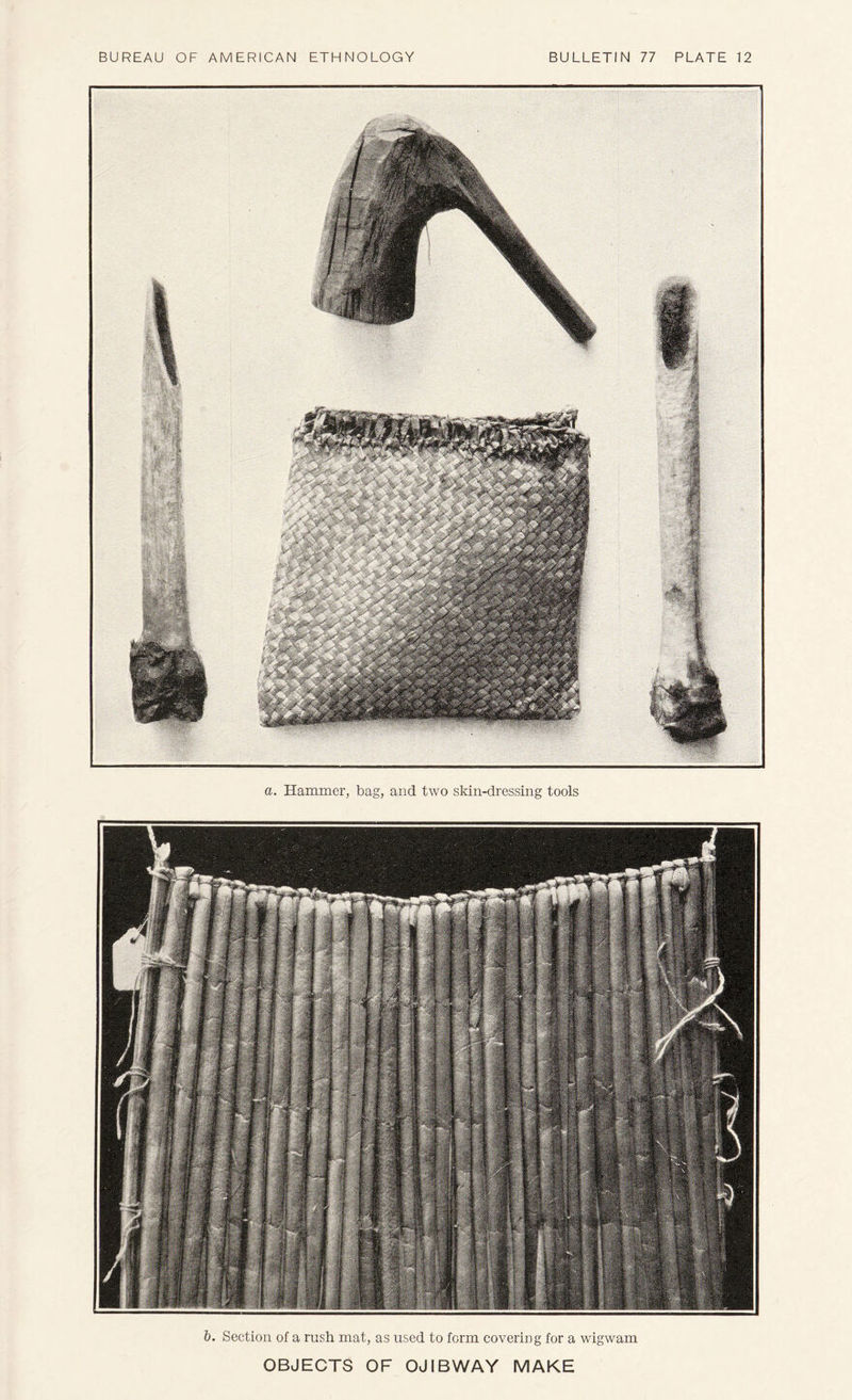 a. Hammer, bag, and two skin-dressing tools h. Section of a rush mat, as used to form covering for a wigwam OBJECTS OF OJIBWAY MAKE