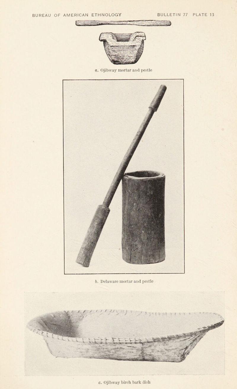 a. Ojibway mortar and pestle 5. Delaware mortar and pestle ■.vi'i c. Ojibway birch bark dish