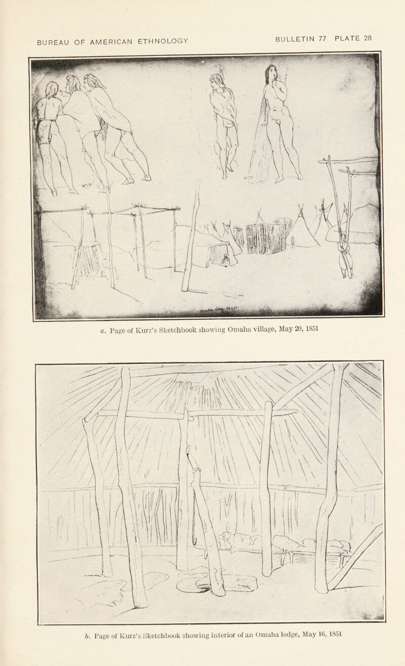 a. Page of Kur/.’s Sketchbook showing Omaha village, May 20,1851 b. Page of Kurz’s Sketchbook showing interior of an Omaha lodge, May 16, 1851