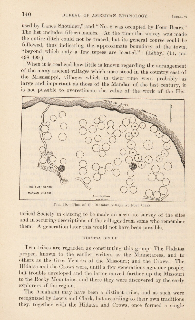 used by Lance Shoulder,” and '' No. 2 was occupied by Four Bears.” The list includes fifteen names. At the time the survey was made the entire ditch could not be traced, but its general course could be followed, thus indicating the approximate boundary of the town, '‘beyond which only a few tepees are located.” (Libby, (1) dd' 498-499.) ^ When it is realized how little is known regarding the arrangement of the many ancient villages which once stood in the country east of the Mississippi, villages which in their time were probably as large and important as those of the Mandan of the last century, it is not possible to overestimate the value of the work of the His¬ torical Society in causing to l)e made an accurate survey of the sites and in securing descriptions of the villages from some who remember them. A generation later this would not have been possible. HIDATSA GROUP. Two tribes are regarded as constituting this group: The Hidatsa proper, known to the earlier writers as the Minnetarees, and to others as the Gros \ entres of the Missouri 5 and the Crows. The Hidatsa and the Crows were, until a few generations ago, one people, but trouble developed and the latter moved farther up the Missouri to the Rocky Mountains, and there they were discovered by the early explorers of the region. The Amahami may have been a distinct tribe, and as such were recognized by Lewis and Clark, but according to their own traditions they, together with the Hidatsa and Crows, once formed a single