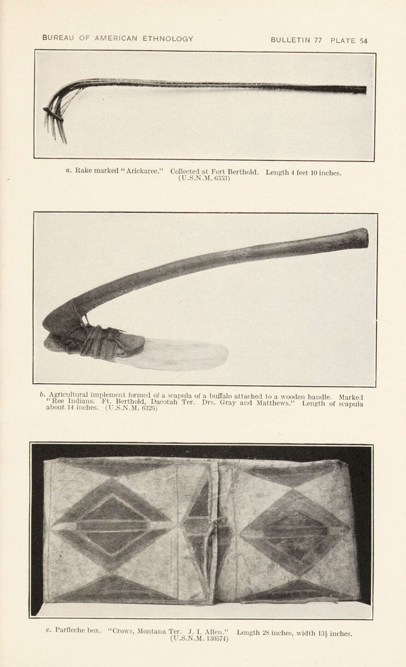 d. Rake marked ‘^Arickaree.” Collected at Fort Berthold. Length 4 feet 10 inches (U.S.N.M. 6353) implement formed of a scapula of a buffalo attached to a wooden handle. Marked alSut 14 hiches. ^(U.S Matthews.” Length of scapula c. Parfleche box. “Crows, Montana Ter. .1. 1. Allen.” Length 28 inches, width 1311 inches (U.S.N.M. 130574)