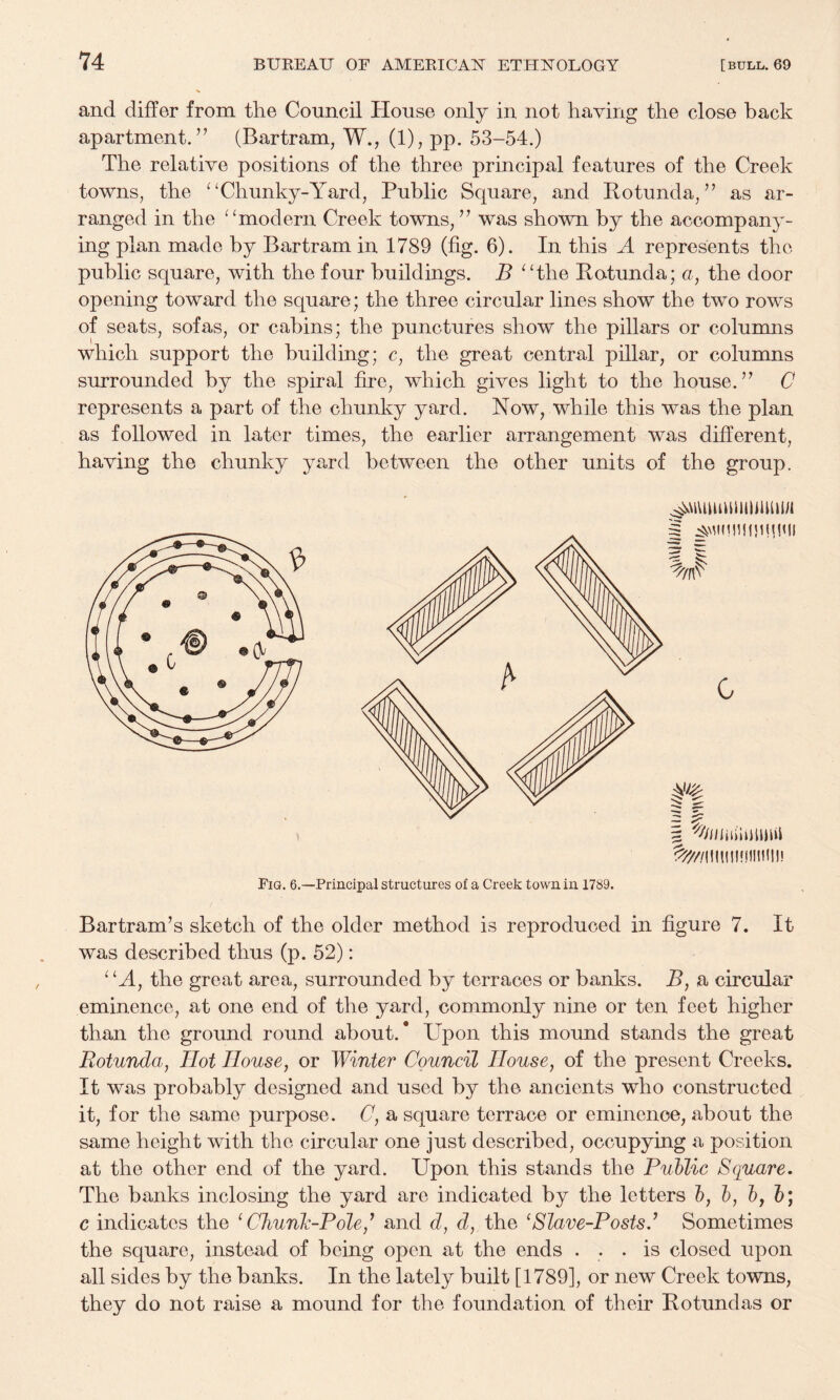 and differ from the Council House only in not having the close back apartment.” (Bartram, W., (1), pp. 53-54.) The relative positions of the three principal features of the Creek towns, the ‘‘Chunky-Yard, Public Square, and Rotunda,” as ar¬ ranged in the “modern Creek towns,” was shown by the accompany¬ ing plan made by Bartram in 1789 (fig. 6). In this A represents the public square, with the four buildings. B “the Rotunda; a, the door opening toward the square; the three circular lines show the two rows of seats, sofas, or cabins; the punctures show the pillars or columns which support the building; c, the great central pillar, or colunms smrounded by the spiral fire, which gives light to the house.” C represents a part of the chunky yard. Now, while this was the plan as followed in later times, the earlier arrangement was different, having the chunky yard between the other units of the group. Fig. 6.—Principal structures of a Creek town in 1789. Bartram’s sketch of the older method is reproduced in figure 7. It was described thus (p. 52): “H, the great area, surrounded by terraces or banks. B, a circular eminence, at one end of the yard, commonly nine or ten feet higher than the ground round about.* Upon this mound stands the great Rotunda, Hot House, or Winter Council House, of the present Creeks. It was probably designed and used by the ancients who constructed it, for the same purpose. C, a square terrace or eminence, about the same height with the circular one just described, occupying a position at the other end of the yard. Upon this stands the Puhlic Square, The banks inclosing the yard are indicated by the letters 5, 5, 5, 5; c indicates the ‘ CTiunli-Pole,^ and d, d, the ‘Slave-Postsd Sometimes the square, instead of being open at the ends ... is closed upon all sides by the banks. In the lately built [1789], or new Creek towns, they do not raise a mound for the foundation of their Rotundas or