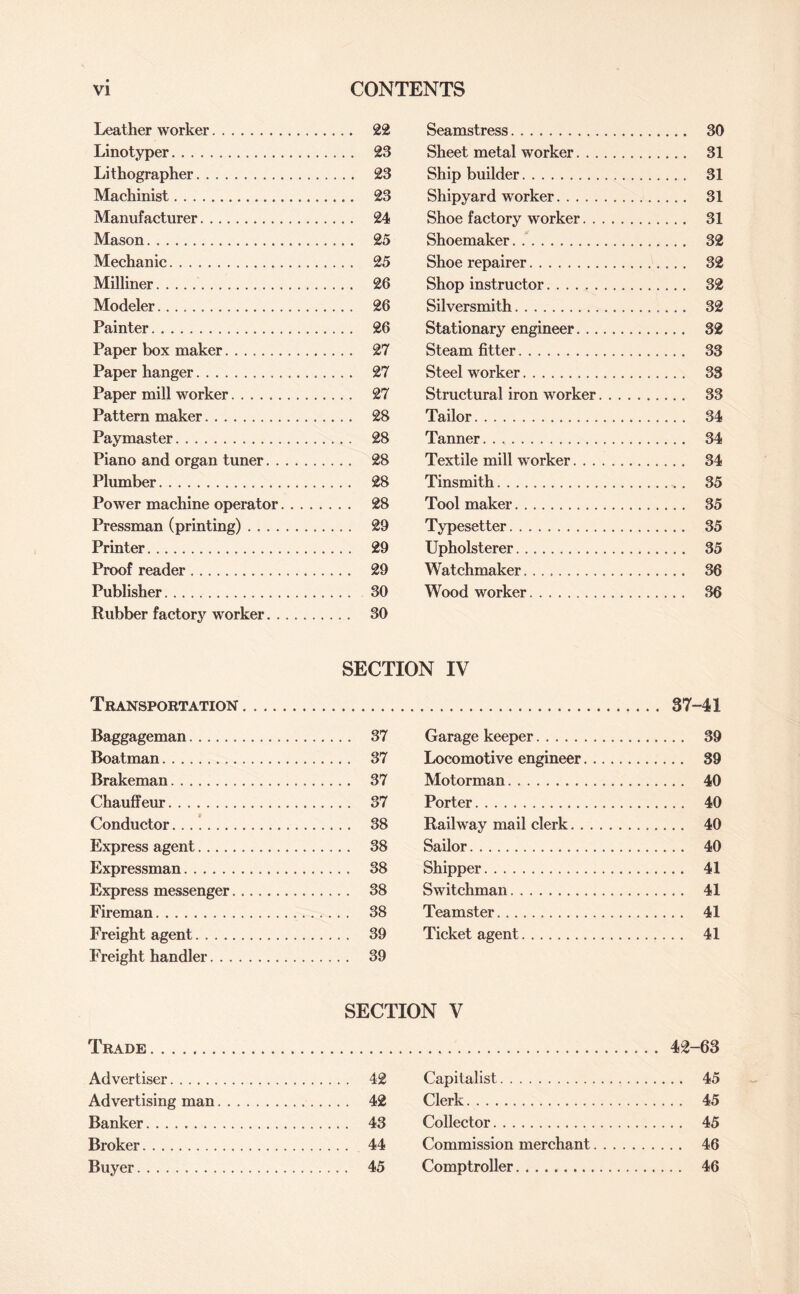 Leather worker. 22 Linotyper. 23 Lithographer. 23 Machinist. 23 Manufacturer. 24 Mason. 25 Mechanic. 25 Milliner. 26 Modeler. 26 Painter. 26 Paper box maker. 27 Paper hanger. 27 Paper mill worker. 27 Pattern maker. 28 Paymaster. 28 Piano and organ tuner. 28 Plumber. 28 Power machine operator. 28 Pressman (printing). 29 Printer. 29 Proof reader. 29 Publisher. 30 Rubber factory worker. 30 Seamstress. 30 Sheet metal worker. 31 Ship builder. 31 Shipyard worker. 31 Shoe factory worker. 31 Shoemaker. .. 32 Shoe repairer. 32 Shop instructor. 32 Silversmith. 32 Stationary engineer. 32 Steam fitter. 33 Steel worker. 33 Structural iron worker. 33 Tailor. 34 Tanner. . ,. 34 Textile mill worker. 34 Tinsmith. 35 Tool maker. 35 Typesetter. 35 Upholsterer. 35 Watchmaker. 36 Wood worker. 36 SECTION IV Transportation. 37-41 Baggageman. 37 Boatman. 37 Brakeman. 37 Chauffeur. 37 Conductor.. 38 Express agent. 38 Expressman. 38 Express messenger. 38 Fireman. 38 Freight agent. 39 Freight handler. 39 Garage keeper. 39 Locomotive engineer. 39 Motorman. 40 Porter. 40 Railway mail clerk. 40 Sailor. 40 Shipper. 41 Switchman. 41 Teamster. 41 Ticket agent. 41 SECTION V Trade. Advertiser. 42 Advertising man. 42 Banker. 43 Broker. 44 Buyer. 45 42-63 Capitalist. 45 Clerk. 45 Collector. 45 Commission merchant. 46 Comptroller. 46
