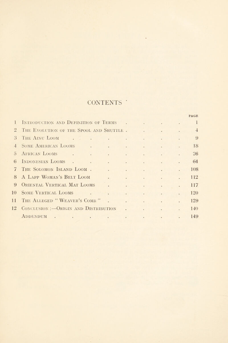 2 3 4 5 6 7 8 9 10 11 12 CONTENTS * PAGE The Evolution of the Spool and Shuttle .... 4 The Ainu Loom ....... 9 Some American Looms . . . . . .18 African Looms ....... 26 Indonesian Looms ....... 64 The Solomon Island Loom ...... 108 A Lapp Woman’s Belt Loom . . . . .112 Oriental Vertical Mat Looms . . . . .117 Some Vertical Looms . . . . . .120 The Alleged “ Weaver’s Comb ” . . . . 129 Conclusion :—Origin and Distribution .... 140 Addendum ........ 149