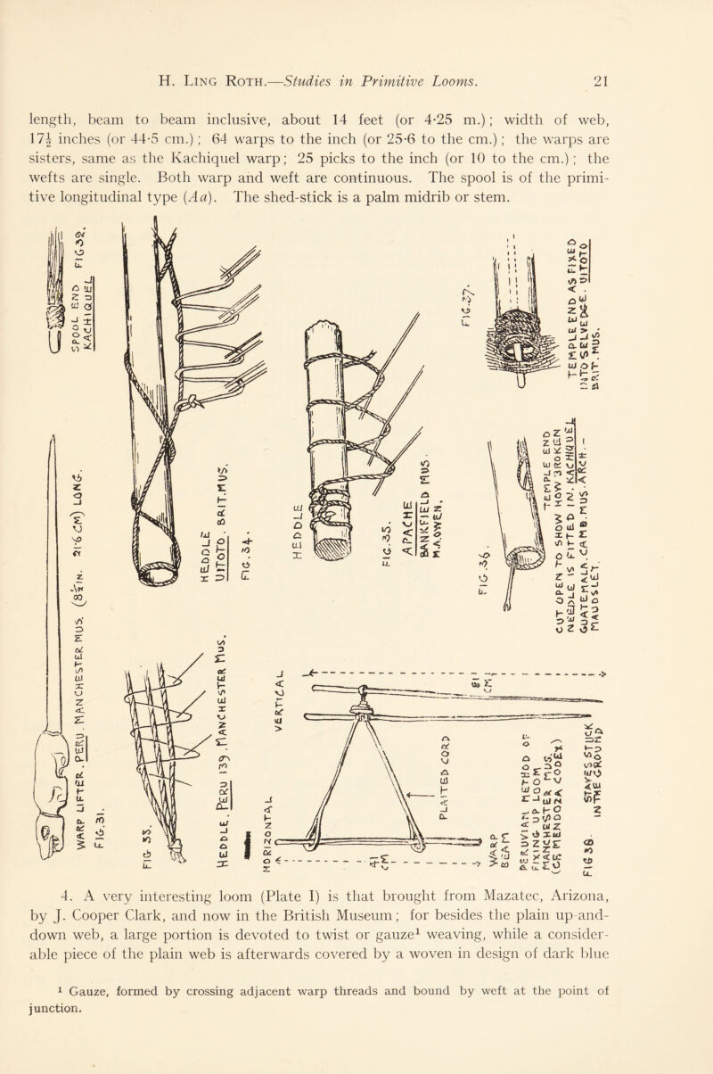 length, beam to beam inclusive, about 14 feet (or 4-25 m.); width of web, 17f inches (or 44-5 cm.); 64 warps to the inch (or 25-6 to the cm.); the warps are sisters, same as the Kachiquel warp; 25 picks to the inch (or 10 to the cm.); the wefts are single. Both warp and weft are continuous. The spool is of the primi¬ tive longitudinal type (Aa). The shed-stick is a palm midrib or stem. 4. A very interesting loom (Plate I) is that brought from Mazatec,, Arizona, by J. Cooper Clark, and now in the British Museum; for besides the plain up and- down web, a large portion is devoted to twist or gauze1 weaving, while a consider¬ able piece of the plain web is afterwards covered by a woven in design of dark blue 1 Gauze, formed by crossing adjacent warp threads and bound by weft at the point of junction.