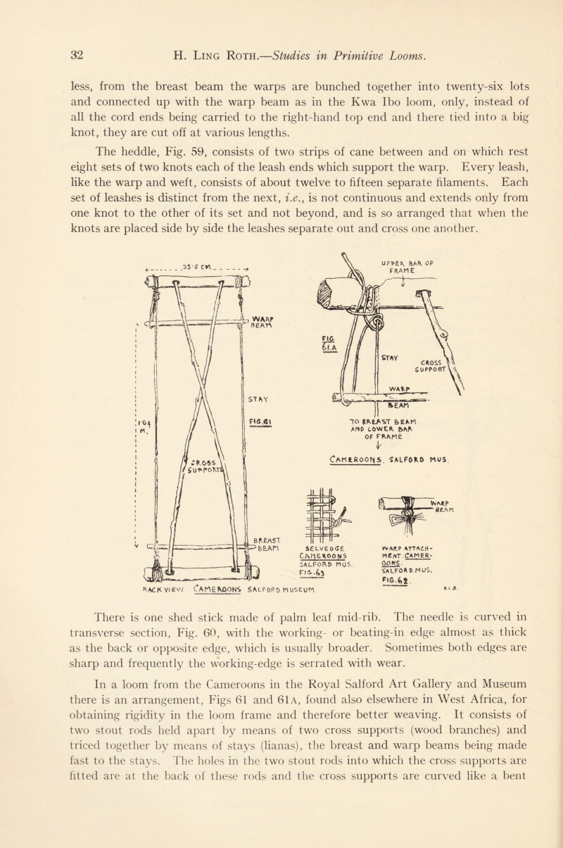 less, from the breast beam the warps are bunched together into twenty-six lots and connected up with the warp beam as in the Kwa Ibo loom, only, instead of all the cord ends being carried to the right-hand top end and there tied into a big knot, they are cut off at various lengths. The heddle, Fig. 59, consists of two strips of cane between and on which rest eight sets of two knots each of the leash ends which support the warp. Every leash, like the warp and weft, consists of about twelve to fifteen separate filaments. Each set of leashes is distinct from the next, i.e., is not continuous and extends only from one knot to the other of its set and not beyond, and is so arranged that when the knots are placed side by side the leashes separate out and cross one another. 4_35 S CM OF FfcAM £ k CAMtftoor^s. salford nos. seuvEocJf. SALFORD MUS. muse un TVAR.V ATTACH¬ MENT . CAMER¬ OON?. SM.FOA d m US. F(6.4a. There is one shed stick made of palm leaf mid-rib. The needle is curved in transverse section, Fig. 60, with the working- or beating-in edge almost as thick as the back or opposite edge, which is usually broader. Sometimes both edges are sharp and frequently the working-edge is serrated with wear. In a loom from the Cameroons in the Royal Salford Art Gallery and Museum there is an arrangement, Figs 61 and 61a, found also elsewhere in West Africa, for obtaining rigidity in the loom frame and therefore better weaving. It consists of two stout rods held apart by means of two cross supports (wood branches) and triced together by means of stays (lianas), the breast and warp beams being made fast to the stays. The holes in the two stout rods into which the cross supports are fitted are at the back of these rods and the cross supports are curved like a bent