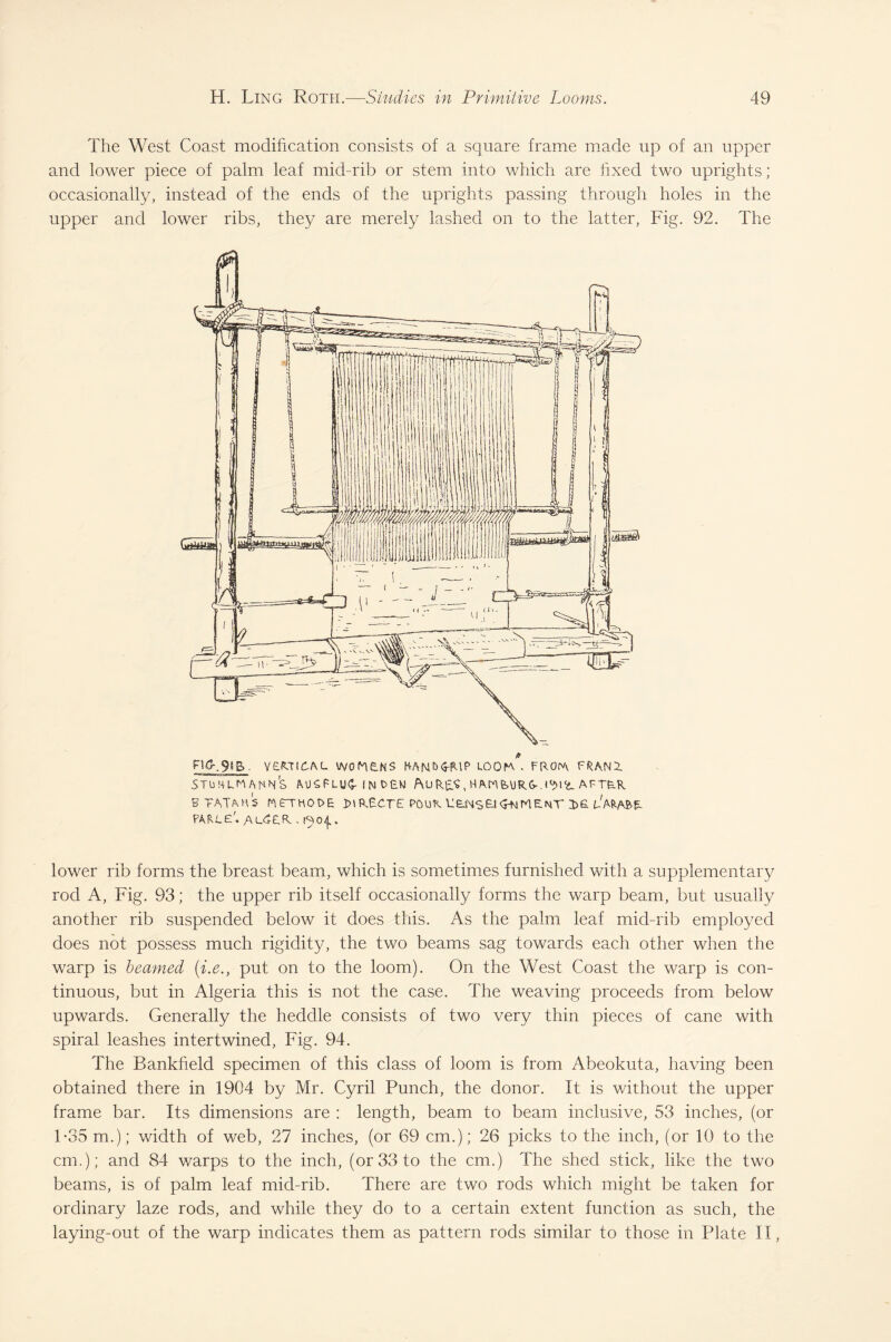The West Coast modification consists of a square frame made up of an upper and lower piece of palm leaf mid-rib or stem into which are fixed two uprights; occasionally, instead of the ends of the uprights passing through holes in the upper and lower ribs, they are merely lashed on to the latter, Fig. 92. The (r . VERTICAL WOMENS KAN&WP LOOM * FROrA FRA.N2. Stuhlmann's ausplik inoew Auritf Hamburg-.imib. aft^r BTATAHS nETHO^E JMPXCTE POUKUBOS£.l<TMfnELNV:t>£ PARLE'. . 1^04.. lower rib forms the breast beam, which is sometimes furnished with a supplementary rod A, Fig. 93; the upper rib itself occasionally forms the warp beam, but usually another rib suspended below it does this. As the palm leaf mid-rib employed does not possess much rigidity, the two beams sag towards each other when the warp is beamed {i.e., put on to the loom). On the West Coast the warp is con¬ tinuous, but in Algeria this is not the case. The weaving proceeds from below upwards. Generally the heddle consists of two very thin pieces of cane with spiral leashes intertwined, Fig. 94. The Bankfield specimen of this class of loom is from Abeokuta, having been obtained there in 1904 by Mr. Cyril Punch, the donor. It is without the upper frame bar. Its dimensions are : length, beam to beam inclusive, 53 inches, (or T35 m.); width of web, 27 inches, (or 69 cm.); 26 picks to the inch, (or 10 to the cm.); and 84 warps to the inch, (or 33 to the cm.) The shed stick, like the two beams, is of palm leaf mid-rib. There are two rods which might be taken for ordinary laze rods, and while they do to a certain extent function as such, the laying-out of the warp indicates them as pattern rods similar to those in Plate II,