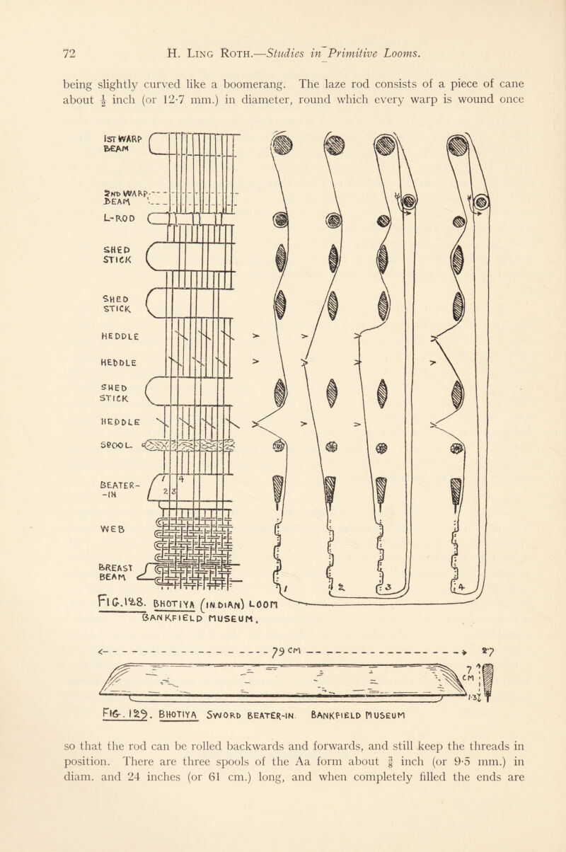 being slightly curved like a boomerang. The laze rod consists of a piece of about J inch (or 12-7 mm.) in diameter, round which every warp is wound cn 27 ^16-. Bhotiya Sword beater-in Bankheld Museum cane once so that the rod can be rolled backwards and forwards, and still keep the threads in position. There are three spools of the Aa form about f inch (or 9-5 mm.) in diam. and 24 inches (or 61 cm.) long, and when completely filled the ends are
