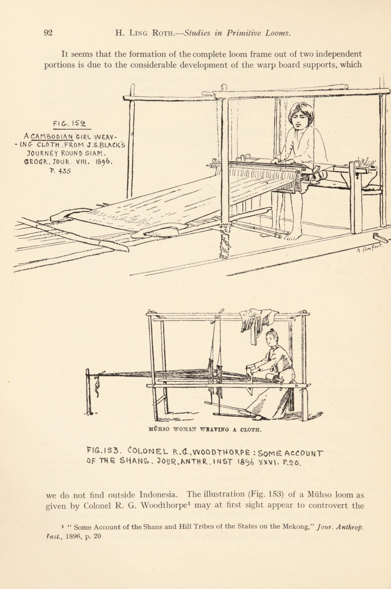 It seems that the formation of the complete loom frame out of two independent portions is due to the considerable development of the warp board supports, which Fi Cr. IS%. A CAMBODIAN GIRL WEAV¬ ING- CLOTH.FROM J.S.BLACKS JOURNEY ROUND SIAM . GROGR. JOUR. VHL IS^6. ?. 455 Li(Lis3. Colonel k^yvogdtwokpe :som£ account of the SHAN&. 5our^NTHR.»N6T YXVh *\£6. we do not hnd outside Indonesia. The illustration (Fig. 153) of a Miihso loom as given by Colonel R. G. Woodthorpe1 may at first sight appear to controvert the 1 “ Some Account of the Shans and Hill Tribes of the States on the Mekong,” Jour. Anthrop. Tnst., 1896, p. 20