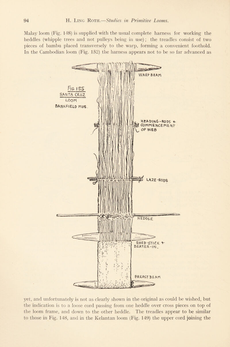 Malay loom (Fig. 148) is supplied with the usual complete harness for working the heddles (whipple trees and not pulleys being in use); the treadles consist of two pieces of bambu placed transversely to the warp, forming a convenient foothold. In the Cambodian loom (Fig. 152) the harness appears not to be so far advanced as yet, and unfortunately is not as clearly shown in the original as could be wished, but the indication is to a loose cord passing from one heddle over cross pieces on top of the loom frame, and down to the other heddle. The treadles appear to be similar to those in Fig. 148, and in the Kelantan loom (Fig. 149) the upper cord joining the
