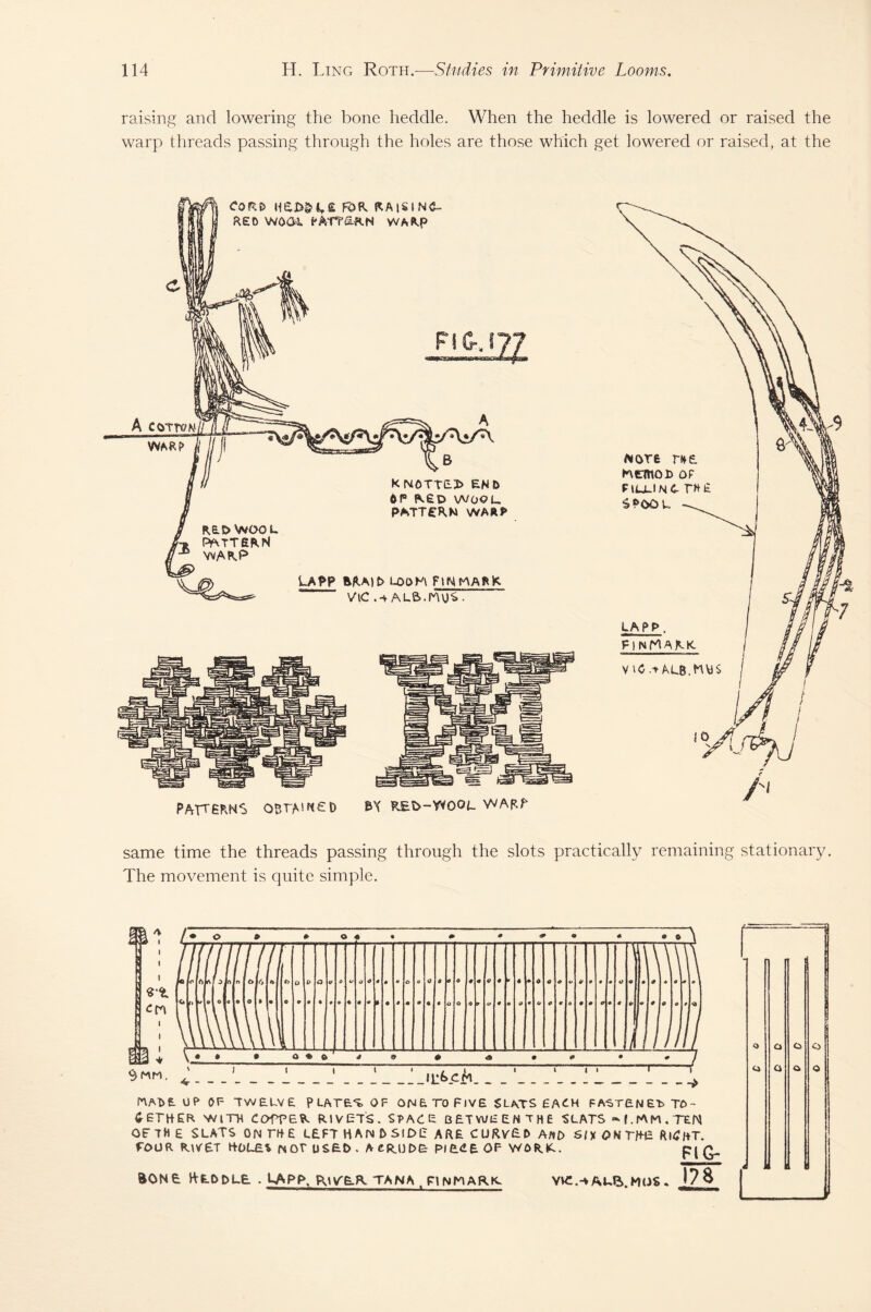 raising and lowering the bone heddle. When the heddle is lowered or raised the warp threads passing through the holes are those which get lowered or raised, at the PATTERNS OBTAINED &X REt>-Y*OOL VVARR note rtfe. KtmoD Of PtUJNC THE SPOOL LAPP. FINMAAK V\C .+ ALB.HtiS same time the threads passing through the slots practically remaining stationary. The movement is quite simple. Wt OP OF TWELVE P LATE.?. 0 F ONE TO FIVE $LATS EACH FASTEN&t> TO ~ <r ETHER. WITH COffE^ RIVETS. SPACE BETWEEN THE SLATS --f.lAM.TEN OFTH £ SLATS ON THE LEFT HANDSIDE ARE CURVED A«f> S/X ONTJfE ftlClfT. FOUR RIVET HOLE* NOT USED . A CRUDE PIECE OF WORtL. pi < &one Heddle . Lapp. PsUCefl tana . rnmark» f _ o O Cs c> C4 O O o 4 Ytc.-f ALAMOS