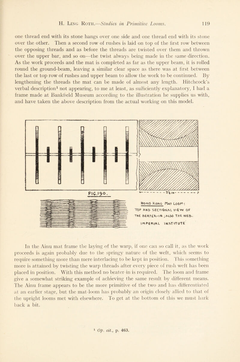 one thread end with its stone hangs over one side and one thread end with its stone over the other. Then a second row of rushes is laid on top of the first row between the opposing threads and as before the threads are twisted over them and thrown over the upper bar, and so on—the twist always being made in the same direction. As the work proceeds and the mat is completed as far as the upper beam, it is rolled round the ground-beam, leaving a similar clear space as there was at first between the last or top row of rushes and upper beam to allow the work to be continued. By lengthening the threads the mat can be made of almost any length. Hitchcock’s verbal description1 not appearing, to me at least, as sufficiently explanatory, I had a frame made at Bankfield Museum according to the illustration he supplies us with, and have taken the above description from the actual working on this model. In the Ainu mat frame the laying of the warp, if one can so call it, as the work proceeds is again probably due to the springy nature of the weft, which seems to require something more than mere interlacing to be kept in position. This something more is attained by twisting the warp threads after every piece of rush weft has been placed in position. With this method no beater-in is required. The loom and frame give a somewhat striking example of achieving the same result by different means. The Ainu frame appears to be the more primitive of the two and lias differentiated at an earlier stage, but the mat-loom has probably an origin closely allied to that of the upright looms met with elsewhere. To get at the bottom of this we must hark back a bit. 1 Op. cit., p. 463.