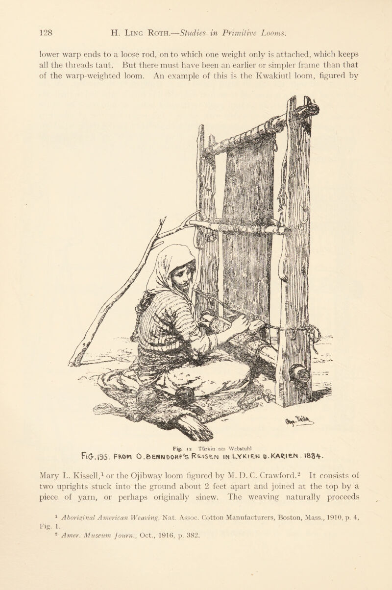 lower warp ends to a loose rod, on to which one weight only is attached, which keeps all the threads taut. But there must have been an earlier or simpler frame than that of the warp-weighted loom. An example of this is the Kwakiutl loom, figured by Fig. 12 Tiirkin ain Wcbstuhl PWW G.BEHNDOftf'S RsaSE.N in LYKlEM U.KAfctEN- Mary L. Kissell,1 or the Ojibway loom figured by M. D. C. Crawford.2 It consists of two uprights stuck into the ground about 2 feet apart and joined at the top by a piece of yarn, or perhaps originally sinew. The weaving naturally proceeds 1 Aboriginal American Weaving, Nat. Assoc. Cotton Manufacturers, Boston, Mass., 1910, p. 4, Fig. 1. 2 Amer. Museum journ., Oct., 1916, p. 382.