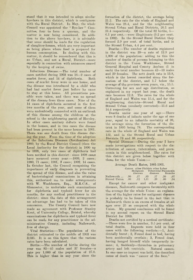 stand that it was intended to adopt similar bye-laws in this district, which is contiguous with the Rural District. In May, the whole Council was appointed the “ Bye-law ” Com¬ mittee, four to form a quorum, and the matter is now being considered. In addi¬ tion to the above bye-laws, it is advisable that some should be made for the regulation of slaughter-houses, which are very important as being places where food is prepared for human consumption. In dealing with this matter, it should be remembered that this is an Urban, and not a Rural, District—more especially in connection with nuisances caused by the keeping of swine. Infectious Disease:—The total number of cases notified during 1903 was 16—2 cases of scarlet fever, and 14 of diphtheria.. Both cases of scarlet fever were in one house, and the) disease was introduced by a child who had had scarlet fever just before he came to stay at this house. All precautions pos¬ sible were taken, and there was no spread of the disease from these cases. Nine of the 14 cases of diphtheria occurred in the first two months of the year, and some of them were undoubtedly connected with an outbreak of this disease among the children at the school in the neighbouring parish of Horsley. In other cases sanitary defects were found in the houses, and in two cases the disease had been present in the same houses in 1901. There was one death from this disease dur¬ ing the year. From the time of the adoption of the Infectious Diseases (Notification) Act 1889, by the Rural District Council (then the Local Authority for the district) in 1890 up to 1898, only two cases of diphtheria had been notified in this district: since 1898 cases have occurred every year:—1899, 2 cases; 1900, 71 cases; 1901, 3 cases; 1902, 14 cases. In October last, the Council recognising the importance of early diagnosis in preventing the spread of this disease, and also the value of bacteriological examinations in attaining this, authorized me to make arrangements with W. Washbourn, Esq., M.R.C.S., of Gloucester, to undertake such examinations for diphtheria and typhoid fever for six months, for any medical practitioner in the district: since the date of this arrangement no advantage has had to be taken of this concession. The County Council have now made an agreement with Professor Stanley Kent, of University College, Bristol, whereby examinations for diphtheria and typhoid fever can be made for any practitioner in the ad¬ ministrative County, including Nailsworth, free of charge. Vital Statistics:—The population of the district estimated to the middle of 1903 was 3,035. It is on this figure that the various rates have been calculated. Births:—The number of births during the year was 82—45 males and 37 females—a rate per 1,000 of the population of 27.0. This is higher than in any year since the formation of the district, the average being 21.2. The rate for the whole of England and Wales was 28.4, and for the neighbouring Stroud Urban and Rural Districts, 20.1 and 21.4 respectively. Of the total 82 births, 5— 6.1 per cent.—were illegitimate (9.2 per cent, in 1902). In the Stroud1 Rural District they formed 2.9 per cent, of total births, and in the Stroud Urban, 4.4 per cent. Deaths:—The number of deaths registered in the district was 39—a rate of 12.9 per 1,000 of the population: adding to this the number of deaths of persons belonging to this district in the Union Workhouse, Stroud General Hospital and County Asylum (1 in each) the total number becomes 42—13 males and 29 females. The nett death rate is 13.8, which is the lowest recorded since the for¬ mation of the district, and 1.7 below the average of the previous seven years, viz., 15.5. Correcting for sex and age distribution, as explained in my report last year, the death rate becomes 12.3. The rates for the whole of England and Wales was 15.4, and for the neighbouring districts—Stroud Rural and Stroud Urban (similarly corrected)—11.6 and 14.4 respectively. Deaths under one year of age:—There were 8 deaths of infants under the age of one year, equal to an infantile mortality of 98, the average since the formation of the dis¬ trict in 1895 being 78. The corresponding rate in the whole of England and Wales was 132, and in the Stroud Rural and Urban Districts 73 and 88 respectively. Special Diseases:—During the year I have made investigations with respect to the dis¬ tribution of cancer, tuberculosis, and pneu¬ monia in this neighbourhood. The rates for this district are given below together with those for the whole Union:— Average Death Rates, 1881-1901. Cancer other Phthisis other Lobar Malignant Tubercular Pneumonia diseases diseases Broncho Nailsworth ... .90 .17 .83 .17 .30 .07 Stroud Union .80 .12 1.11 .29 .60 .34 Except for cancer and other malignant diseases, Nailsworth compares favourably with the average for the whole Union: an explana¬ tion of the higher rates for malignant diseases is probably to be found in the- fact that in Nailsworth there is an excess of females at all ages over 25 as compared with the whole Union. My general conclusions will be found in my annual report on the Stroud Rural District for 1903. Deaths not certified by a medical certificate: —These were five in number, 9.5 per cent, of total deaths. Inquests were held in four cases with the following verdicts:—1, Acci¬ dentally burnt; 2, Found dead in bed, having been accidentally overlain; 3, Found dead, having hanged himself while temporarily in¬ sane ; 4, Suddenly—thrombus in pulmonary artery and left ventricle. Natural causes. In one case no inquest was held, the described cause of death was “ cancer of the face.”