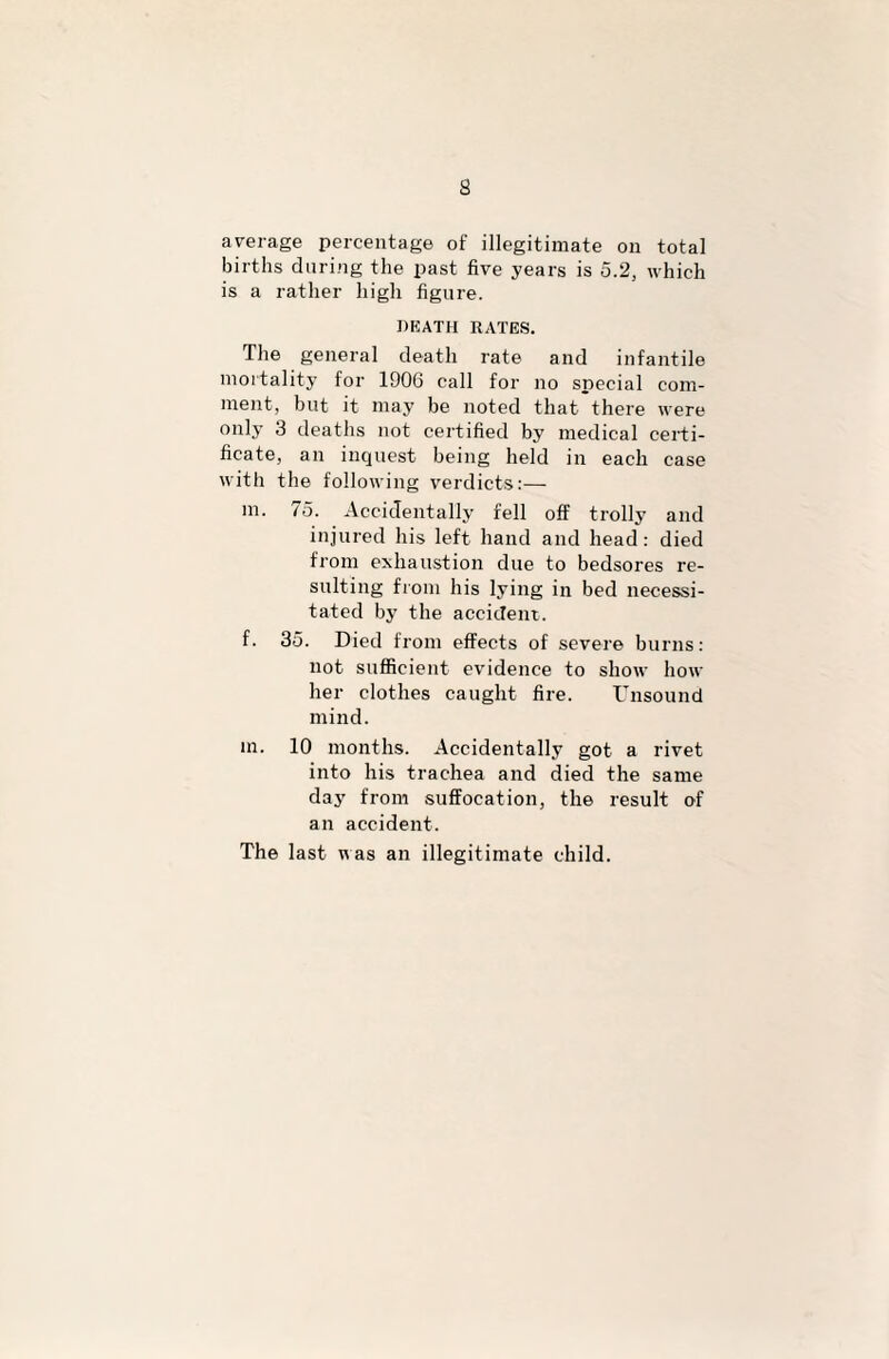 average percentage of illegitimate on total births during the past five years is 5.2, which is a rather high figure. DEATH RATES. The general death rate and infantile mortality for 1906 call for no special com¬ ment, but it may be noted that there were only 3 deaths not certified by medical certi¬ ficate, an inquest being held in each case with the following verdicts:— in. 75. Accidentally fell off trolly and injured his left hand and head: died from exhaustion due to bedsores re¬ sulting from his lying in bed necessi¬ tated by the accident, f. 35. Died from effects of severe burns: not sufficient evidence to show how her clothes caught fire. Unsound mind. in. 10 months. Accidentally got a rivet into his trachea and died the same day from suffocation, the result of an accident. The last was an illegitimate child.