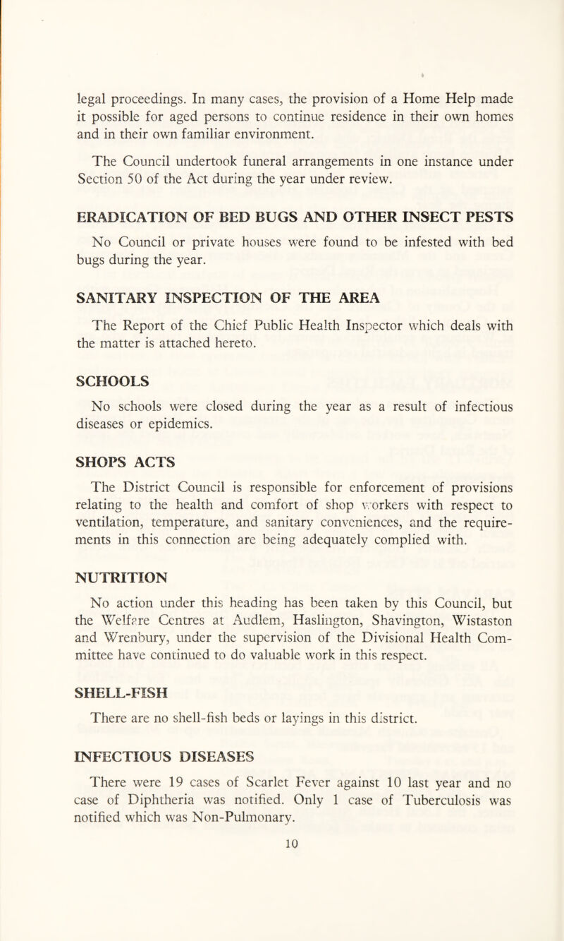 legal proceedings. In many cases, the provision of a Home Help made it possible for aged persons to continue residence in their own homes and in their own familiar environment. The Council undertook funeral arrangements in one instance under Section 50 of the Act during the year under review. ERADICATION OF BED BUGS AND OTHER INSECT PESTS No Council or private houses were found to be infested with bed bugs during the year. SANITARY INSPECTION OF THE AREA The Report of the Chief Public Health Inspector which deals with the matter is attached hereto. SCHOOLS No schools were closed during the year as a result of infectious diseases or epidemics. SHOPS ACTS The District Council is responsible for enforcement of provisions relating to the health and comfort of shop workers with respect to ventilation, temperature, and sanitary conveniences, and the require¬ ments in this connection are being adequately complied with. NUTRITION No action under this heading has been taken by this Council, but the Welfare Centres at Audlem, Haslington, Shavington, Wistaston and Wrenbury, under the supervision of the Divisional Health Com¬ mittee have continued to do valuable work in this respect. SHELL-FISH There are no shell-fish beds or layings in this district. INFECTIOUS DISEASES There were 19 cases of Scarlet Fever against 10 last year and no case of Diphtheria was notified. Only 1 case of Tuberculosis was notified which was Non-Pulmonary.