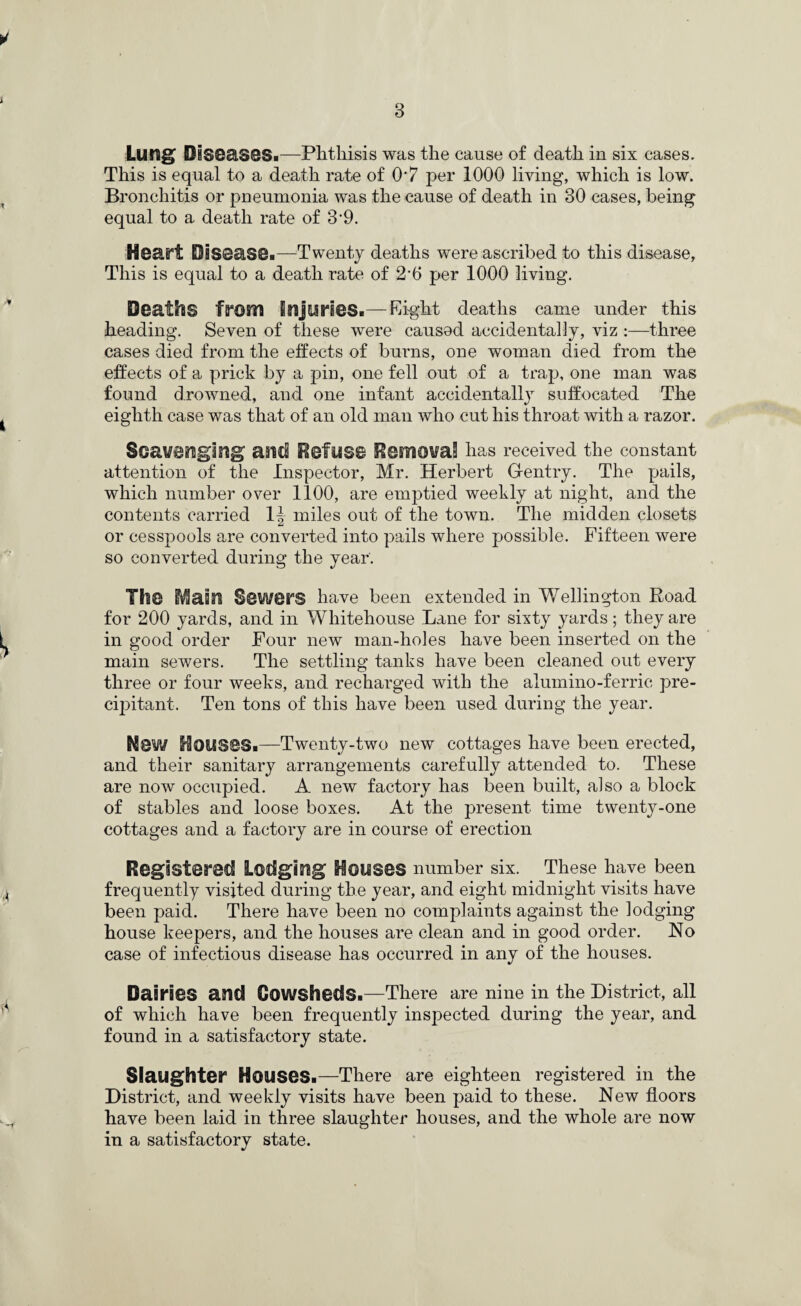 Lung Diseasas.—Phthisis was the cause of death in six cases. This is equal to a death rate of 07 per 1000 living, which is low. Bronchitis or pneumonia was the cause of death in 30 cases, being equal to a death rate of 3'9. Heart Disease.—Twenty deaths were ascribed to this disease. This is equal to a death rate of 2‘6 per 1000 living. Deaths from Injuries.—Eight deaths came under this heading. Seven of these were caused accidentally, viz :—three cases died from the effects of burns, one woman died from the effects of a prick by a pin, one fell out of a trap, one man was found drowned, and one infant accidentally suffocated The eighth case was that of an old man who cut his throat with a razor. Scavenging' and Refuse Hemova!! has received the constant attention of the Inspector, Mr. Herbert Gentry. The pails, which number over 1100, are emptied weekly at night, and the contents carried 1^ miles out of the town. The midden closets or cesspools are converted into pails where possible. Fifteen were so converted during the year. Th0 Main S0W0rs have been extended in Wellington Road for 200 yards, and in Whitehouse Lane for sixty yards; they are in good order Four new man-holes have been inserted on the main sewers. The settling tanks have been cleaned out every three or four weeks, and recharged with the alumino-ferric pre¬ cipitant. Ten tons of this have been used during the year. Mow HOUS0S.—Twenty-two new cottages have beeu erected, and their sanitary arrangements carefully attended to. These are now occupied. A new factory has been built, also a block of stables and loose boxes. At the present time twenty-one cottages and a factory are in course of erection Registered Lodging Houses number six. These have been frequently visited during the year, and eight midnight visits have been paid. There have been no complaints against the lodging house keepers, and the houses are clean and in good order. No case of infectious disease has occurred in any of the houses. Dairies and Cowsheds.—There are nine in the District, all of which have been frequently inspected during the year, and found in a satisfactory state. Slaughter Houses.—There are eighteen registered in the District, and weekly visits have been paid to these. New floors have been laid in three slaughter houses, and the whole are now in a satisfactory state.