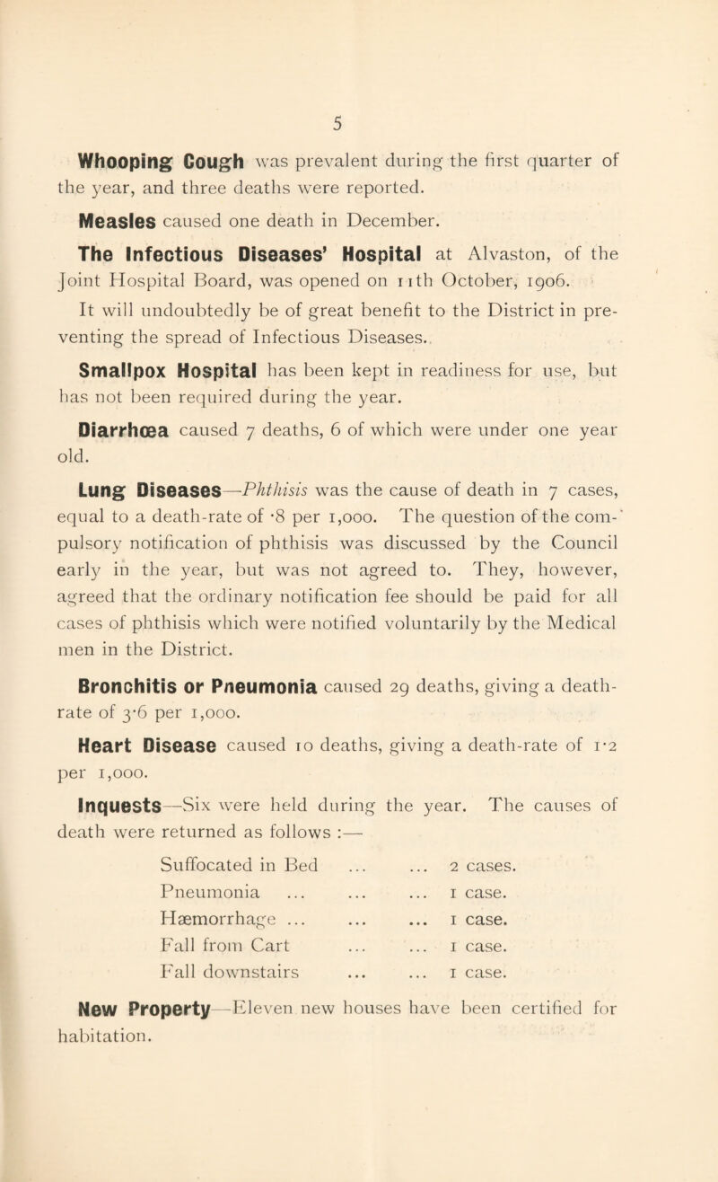 Whooping Cough was prevalent during the first quarter of the 3'ear, and three deaths were reported. Measles caused one death in December. The Infectious Diseases’ Hospital at Alvaston, of the Joint Hospital Board, was opened on nth October, 1906. It will undoubtedly be of great benefit to the District in pre¬ venting the spread of Infectious Diseases., Smallpox Hospital has been kept in readiness for use, but has not been required during the year. OiarrhCBa caused 7 deaths, 6 of which were under one year old. Lung DiSOasOS—-Phthisis was the cause of death in 7 cases, equal to a death-rate of *8 per 1,000. The question of the com-' pulsory notification of phthisis was discussed by the Council early in the year, but was not agreed to. They, however, agreed that the ordinary notification fee should be paid for all cases of phthisis which were notified voluntarily by the Medical men in the District. Bronchitis or Pneumonia caused 29 deaths, giving a death- rate of 3*6 per 1,000. Heart Disease caused 10 deaths, giving a death-rate of 1-2 per 1,000. Inquests—Six were held during the year. The causes of death were returned as follows :— Suffocated in Bed 2 cases. Pneumonia I case. Haemorrhage ... I case. Fall from Cart I case. Fall downstairs I case. New Property -Eleven new houses have been certified for habitation.