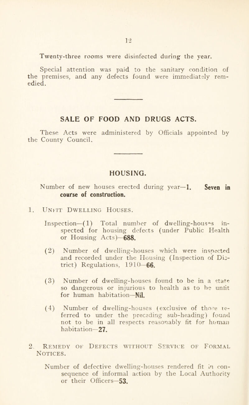 Twenty-three rooms were disinfected during- the year. Special attention was paid to the sanitary condition of the premises, and any defects found were immediately rem¬ edied. SALE OF FOOD AND DRUGS ACTS. These Acts were administered by Officials appointed by the County Council. HOUSING. Number of new houses erected during year—1. Seven in course of construction. 1. Unfit Dwelling Houses. Inspection—(1) Total number of dwelling-housas in¬ spected for housing defects (under Public Health or Housing Acts)—688. (2) Number of dwelling-houses which were inspected and recorded under the Housing (Inspection of Dis¬ trict) Regulations, 1910—66. (3) Number of dwelling-houses found to be in a state so dangerous or injurious to health as to be untit for human habitation—Nil. (4) Number of dwelling-houses (exclusive of those re¬ ferred to under the preceding sub-heading) found not to be in all respects reasonably fit for human habitation—27. 2. Remedy of Defects without Service of Formal Notices. Number of defective dwelling-houses rendered fit. in con¬ sequence of informal action by the Local Authority or their Officers—53.