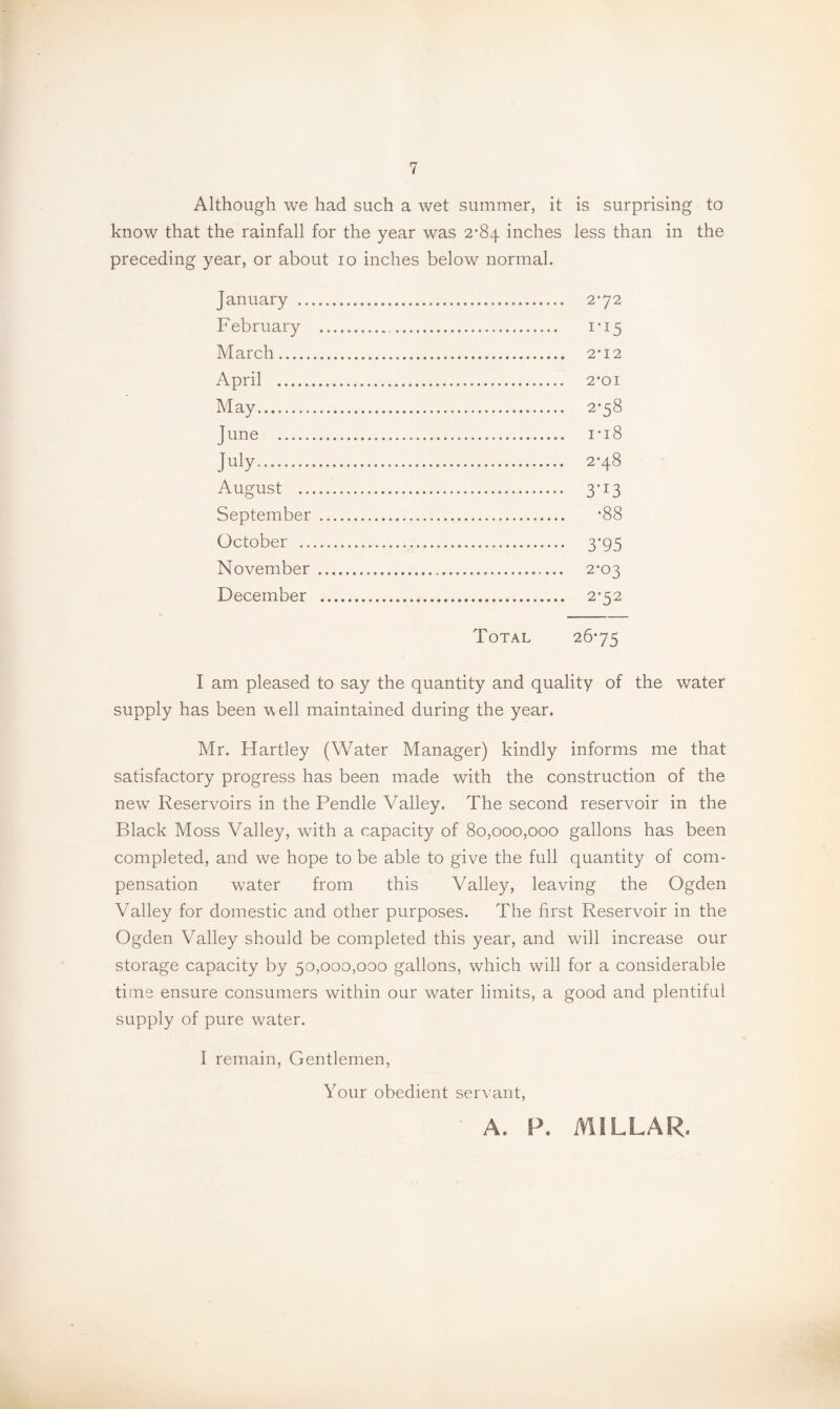 Although we had such a wet summer, it is surprising to know that the rainfall for the year was 2*84 inches less than in the preceding year, or about 10 inches below normal. January .. February March. April . May. Tune . July. August .. September October .. November December Total 26*75 2*72 2*12 2*01 2*58 i*i8 2*48 3’i3 •88 3‘95 2*03 2*52 I am pleased to say the quantity and quality of the water supply has been well maintained during the year. Mr. Hartley (Water Manager) kindly informs me that satisfactory progress has been made with the construction of the new Reservoirs in the Pendle Valley. The second reservoir in the Black Moss Valley, with a capacity of 80,000,000 gallons has been completed, and we hope to be able to give the full quantity of com¬ pensation water from this Valley, leaving the Ogden Valley for domestic and other purposes. The first Reservoir in the Ogden Valley should be completed this year, and will increase our storage capacity by 50,000,000 gallons, which will for a considerable time ensure consumers within our water limits, a good and plentiful supply of pure water. I remain. Gentlemen, Your obedient servant, A. P. MILLAR.
