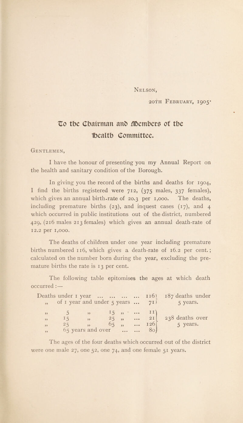 Nelson, 2oth February, 1905* TLo tbe Chairman anb /Ibembers of tbe Ibealtb Committee* Gentlemen, I have the honour of presenting you my Annual Report on the health and sanitary condition of the Borough. In giving you the record of the births and deaths for 1904, I find the births registered were 712, (375 males, 337 females), which gives an annual birth-rate of 20.3 per 1,000. The deaths, including premature births (23), and inquest cases (17), and 4 which occurred in public institutions out of the district, numbered 429, (216 males 213 females) which gives an annual death-rate of 12.2 per 1,000. The deaths of children under one year including premature births numbered 116, which gives a death-rate of 16.2 per cent.; calculated on the number born during the year, excluding the pre¬ mature births the rate is 13 per cent. The following table epitomises the ages at which death occurred :—- Deaths under 1 year . n6|_ ,, of 1 year and under 5 years ... 71) „ 5 5, 15 » ' ••• IT' 55 15 ” 2 5 ” • • • 21 55 2 5 55 65 ,, ... 126 ,, 65 years and over . 8o; The ages of the four deaths which occurred out of the district were one male 27, one 52, one 74, and one female 51 years. 187 deaths under 5 years. 238 deaths over 5 years.