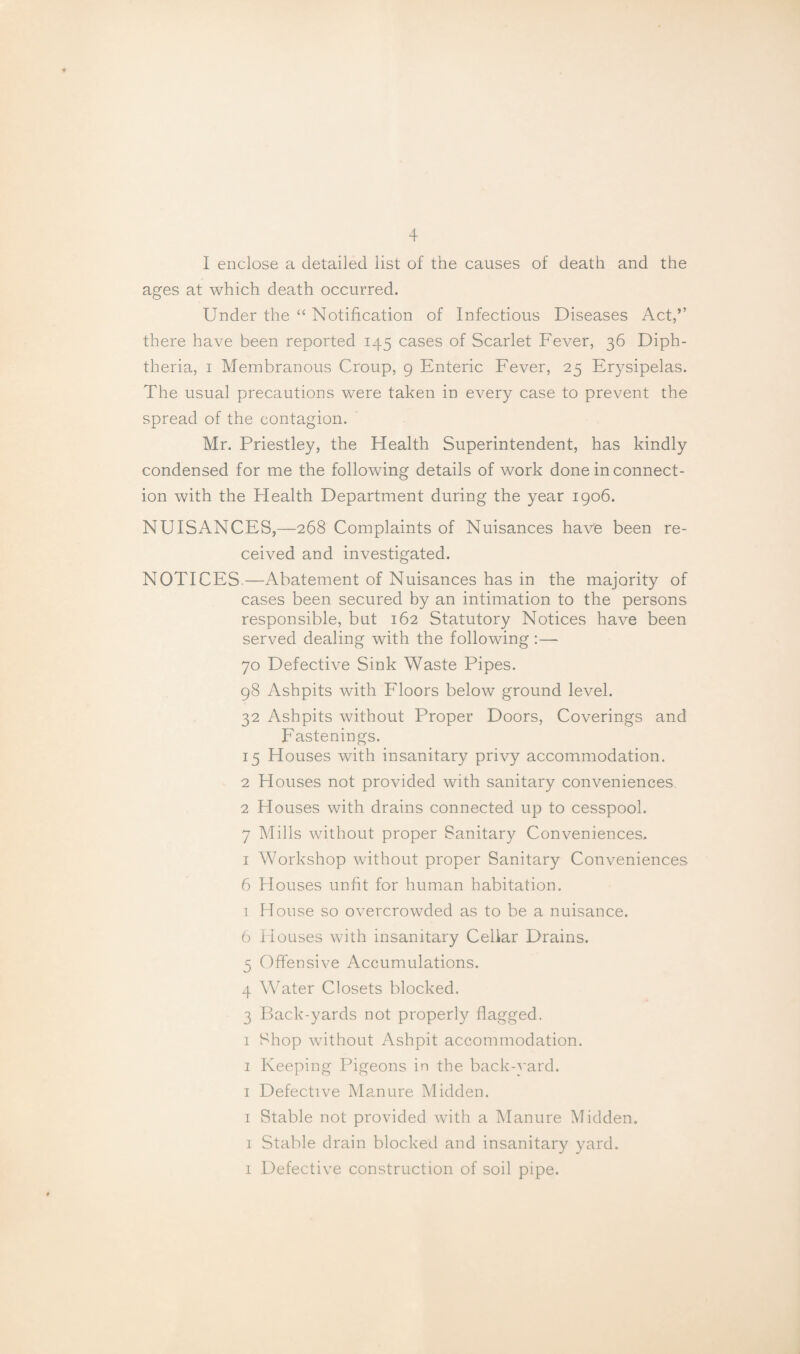 I enclose a detailed list of the causes of death and the ages at which death occurred. Under the “ Notification of Infectious Diseases Act,” there have been reported 145 cases of Scarlet Fever, 36 Diph¬ theria, I Membranous Croup, 9 Enteric Fever, 25 Erysipelas. The usual precautions were taken in every case to prevent the spread of the contagion. Mr. Priestley, the FLealth Superintendent, has kindly condensed for me the following details of work done in connect¬ ion with the Health Department during the year igo6. NUISANCES,—268 Complaints of Nuisances have been re¬ ceived and investigated. NOTICES.—Abatement of Nuisances has in the majority of cases been secured by an intimation to the persons responsible, but 162 Statutory Notices have been served dealing with the following;— 70 Defective Sink Waste Pipes. 98 Ashpits with Eloors below ground level. 32 Ashpits without Proper Doors, Coverings and Fastenings. 15 Houses with insanitary privy accommodation. 2 Houses not provided with sanitary conveniences. 2 Houses with drains connected up to cesspool. 7 Mills without proper Sanitary Conveniences. I Workshop without proper Sanitary Conveniences 6 Houses unfit for human habitation. I House so overcrowded as to be a nuisance. 6 Houses with insanitary Cellar Drains. 5 Offensive Accumulations. 4 Water Closets blocked. 3 Back-yards not properly flagged. 1 Shop without Ashpit accommodation. I Keeping Pigeons in the back-^'ard. I Defective Manure Midden. I Stable not provided with a IManure Midden. I Stable drain blocked and insanitary yard. 1 Defective construction of soil pipe.