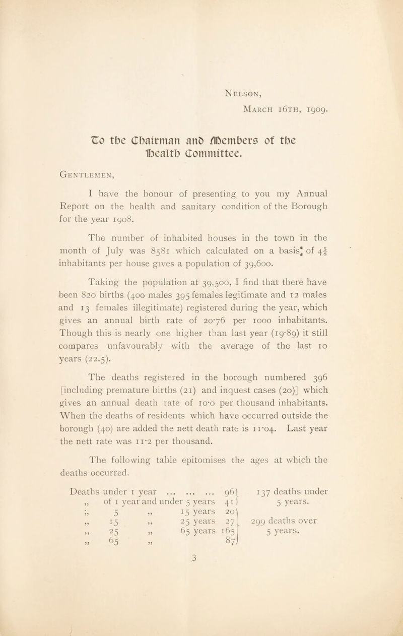 Nelson, March i6th, 1909. Co the Chairman aith flbembers of the Ihealth Committee. Gentlemen, I have the honour of presenting to you my Annual Report on the health and sanitary condition of the Borough for the year 1908. The number of inhabited houses in the town in the month of July was 8581 rvhich calculated on a basis^ of 4§ inhabitants per house gives a population of 39,600. Taking the population at 39,500, I find that there have been 820 births (400 males 395 females legitimate and 12 males and 13 females illegitimate) registered during the year, which gives an annual birth rate of 20*76 per 1000 inhabitants. Though this is nearly one higher than last year (19*89) it still compares unfavourably with the average of the last 10 years (22.5). The deaths registered in the borough numbered 396 [including premature births (21) and inquest cases (20)] which gives an annual death rate of 10*0 per thousand inhabitants. When the deaths of residents which have occurred outside the borough (40) are added the nett death rate is 11*04. Last year the nett rate was 11*2 per thousand. The following table epitomises the ages at which the deaths occurred. Deaths under 1 year . 96\ ,, of 1 year and under 5 years 41 ) 5 15 65 15 years 20' 25 years 27 87) 137 deaths under 5 years. 3 299 deaths over