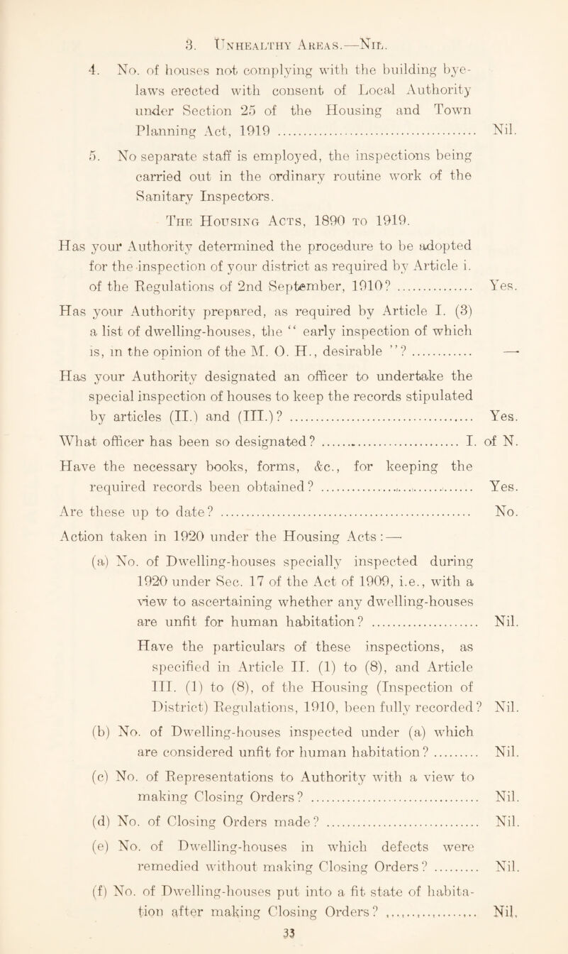 3. tTNHEALTHY A REAS.-NiL. 4. No. of houses not complying with the building bj'T- laws erected with consent of Local Authority under Section 25 of the Housing and Town Planning Act, 1919 . Nil. 5. No separate staff is employed, the inspections being carried out in the ordinary routine work of the Sanitary Inspectors. The Housing Acts, 1890 to 1919. Has 3mur Authority determined the procedure to be adopted for the Inspection of your district as required b}^ Article i. of the Regulations of 2nd vSeyitember, 1910? . Yes. Has your Authority prepared, as required by Article I. (3) a list of dwelling-houses, the “ early inspection of which IS, m the opinion of the kl. 0. H., desirable ”?. —■ Has your Authority designated an officer to undertake the special inspection of houses to keep the records stipulated by articles (II.1 and (III.)? . Yes. What officer has been so designated? . I. of N. Have the necessary books, forms, &c., for keeping the required records been obtained? ..... Yes. Are these up tO' date ? . No. Action taken in 1920 under the Housing Acts:—■ (a) No. of Dwelling-houses specially inspected during 1920 under Sec. 17 of the Act of 1909, i.e., with a Hew to ascertaining whether any dwelling-houses are unfit for human habitation? . Nil. Have the particulars of these inspections, as specified in Article II. (1) to (8), and Article III. (1) to (8), of the Housing (Inspection of District) Regulations, 1910‘, been fully recorded? Nil. (b) No. of Dwelling-houses inspected under (a) which are considered unfit for human habitation?. Nil. (c) No. of Representations to Authority with a view to making Closing Orders? . Nil. (d) No. of Closing Orders made? . Nil. (e) No. of Dwelling-houses in which defects were remedied without making Closing Orders? . Nil. (f) No. of Dwelling-houses put into a fit state of habita¬ tion after making Closing Orders? .. Nil,