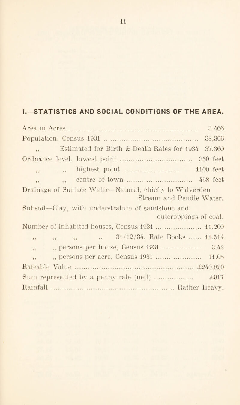 I.—STATISTICS AND SOCIAL CONDITIONS OF THE AREA. Area in Acres ... 3,466 Population, Census 1931 . 38,306 ,, Estimated for Birth & Death Rates for 1934 37,360 Ordnance level, lowest point . 350 feet highest point . 1100 feet centre of town . 458 feet )1 Drainage of Surface Water—Natural, chiefly to Walverden Stream and Pendle Water. Subsoil—Clay, with understratum of sandstone and outcroppings of coal. Number of inhabited houses, Census 1931 . 11,200 ,, ,, ,, 31/12/34, Rate Books . 11,514 ,, persons per house, Census 1931 . 3.42 ,, persons per acre, Census 1931 ... 11.05 Rateable Value . £240,820 Sum represented by a penny rate (nett) . £917 Rainfall . Rather Heavy. } 5 } 7