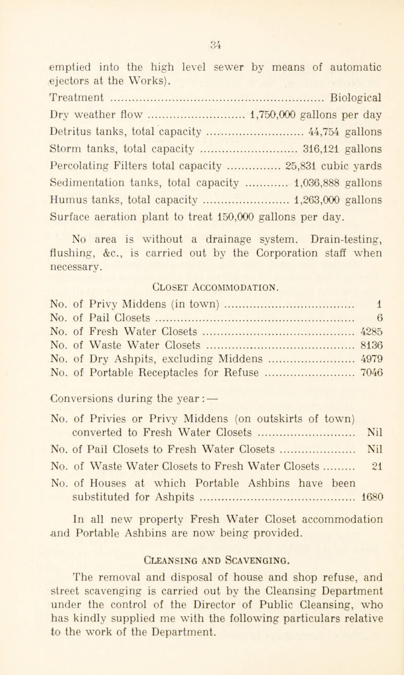 emptied into the high level sewer by means of automatic ejectors at the Works). Treatment . Biological Dry weather flow . 1,750,000 gallons per day Detritus tanks, total capacity . 44,754 gallons Storm tanks, total capacity . 316,121 gallons Percolating Filters total capacity . 25,831 cubic yards Sedimentation tanks, total capacity . 1,036,888 gallons Humus tanks, total capacity . 1,263,000 gallons Surface aeration plant to treat 150,000 gallons per day. No area is without a drainage system. Drain-testing, flushing, &c., is carried out by the Corporation staff when necessary. Closet Accommodation. No. of Privy Middens (in town) . 1 No. of Pail Closets . 6 No. of Fresh Water Closets . 4285 No. of Waste Water Closets . 8136 No. of Dry Ashpits, excluding Middens . 4979 No. of Portable Receptacles for Refuse . 7046 Conversions during the year: — No. of Privies or Privy Middens (on outskirts of town) converted to Fresh Water Closets . Nil No. of Pail Closets to Fresh Water Closets . Nil No. of Waste Water Closets to Fresh Water Closets. 21 No. of Houses at which Portable Ashbins have been substituted for Ashpits . 1680 In all new property Fresh Water Closet accommodation -and Portable Ashbins are now being provided. Cleansing and Scavenging. The removal and disposal of house and shop refuse, and street scavenging is carried out by the Cleansing Department under the control of the Director of Public Cleansing, who has kindly supplied me with the following particulars relative to the work of the Department.