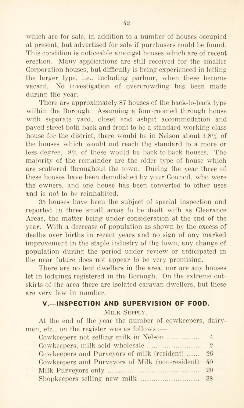 which are for sale, in addition to a number of houses occupied at present, but advertised for sale if purchasers could be found. This condition is noticeable amongst houses which are of recent erection. Many applications are still received for the smaller Corporation houses, but difficulty is being experienced in letting the larger type, i.e., including parlour, when these become vacant. No investigation of overcrowding has been made during the year. There are approximately 87 houses of the back-to-back type within the Borough. Assuming a four-roomed through house with separate yard, closet and ashpit accommodation and paved street both back and front to be a standard working class house for the district, there would be in Nelson about 1.8% of the houses which would not reach the standard to a more or less degree, .8% of these would be back-to-back houses. The majority of the remainder are the older type of house which are scattered throughout the town. During the year three of these houses have been demolished bv your Council, who were the owners, and one house has been converted to other uses and is not to be reinhabited. 35 houses have been the subject of special inspection and reported in three small areas to be dealt with as Clearance Areas, the matter being under consideration at the end of the year. With a decrease of population as shown by the excess of deaths over births in recent years and no sign of any marked improvement in the staple industry of the town, any change of population during the period under review or anticipated in the near future does not appear to be very promising. There are no tent dwellers in the area, nor are any houses let in lodgings registered in the Borough. On the extreme out¬ skirts of the area there are isolated caravan dwellers, but these are very few in number. V.—INSPECTION AND SUPERVISION OF FOOD. Milk Supply. At the end of the year the number of cowkeepers, dairy¬ men, etc., on the register was as follows: — Cowkeepers not selling milk in Nelson . 4 Cowkeepers, milk sold wholesale . 2 Cowkeepers and Purveyors of milk (resident) . 26 Cowkeepers and Purveyors of Milk (non-resident) 40 Milk Purveyors only . 20 Shopkeepers selling new milk . 38
