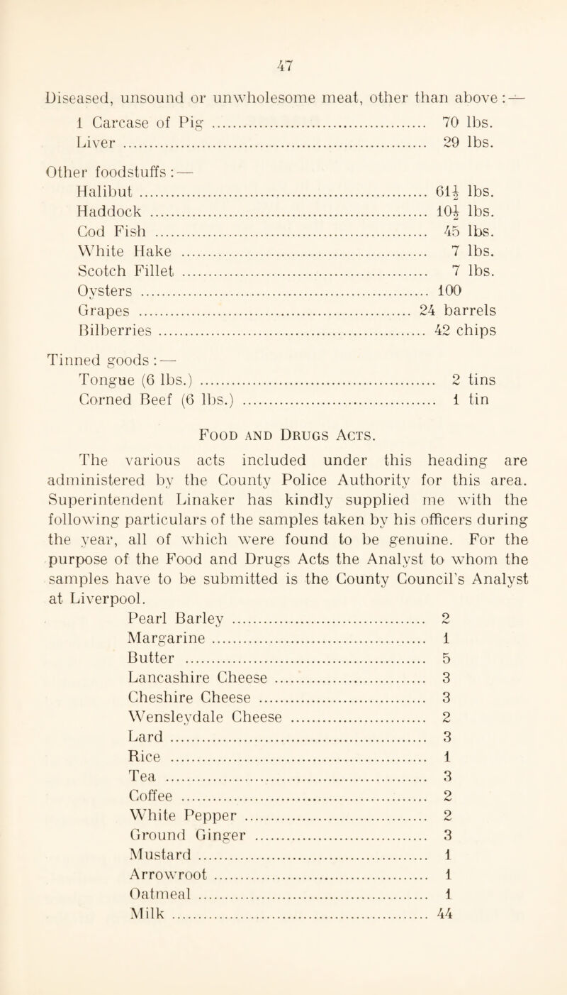Diseased, unsound or unwholesome meat, other than above: — 1 Carcase of Pig . 70 lbs. Liver . 29 lbs. Other foodstuffs: — Halibut . 61^ lbs. Haddock . 104 lbs. Cod Fish . 45 lbs. White Hake . 7 lbs. Scotch Fillet. 7 lbs. Ovsters . 100 Grapes . 24 barrels Bilberries . 42 chips Tinned goods : — Tongue (6 lbs.) . 2 tins Corned Beef (6 lbs.) . 1 tin Food and Drugs Acts. The various acts included under this heading are administered bv the Countv Police Authority for this area. Superintendent Linaker has kindly supplied me with the following particulars of the samples taken by his officers during the year, all of which were found to be genuine. For the purpose of the Food and Drugs Acts the Analyst to whom the samples have to be submitted is the County Council’s Analyst at Liverpool. Pearl Barley . 2 Margarine . 1 Butter . 5 Lancashire Cheese . 3 Cheshire Cheese . 3 Wensleydale Cheese . 2 Lard . 3 Rice . 1 Tea . 3 Coffee . 2 White Pepper . 2 Ground Ginger . 3 Mustard . 1 Arrowroot . 1 Oatmeal . 1 Milk . 44