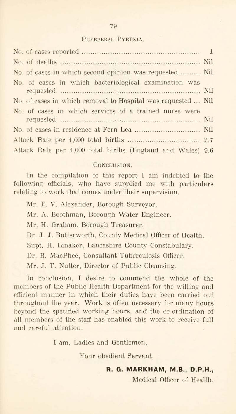 Puerperal Pyrexia. No. of cases reported . 1 No. of deaths . Nil No. of cases in which second opinion was requested . Nil No. of cases in which bacteriological examination was requested . Nil No. of cases in which removal to Hospital was requested ... Nil No. of cases in which services of a trained nurse were requested . Nil No. of cases in residence at Fern Lea . Nil Attack Rate per 1,000 total births . 2.7 Attack Rate per 1,000 total births (England and Wales) 9.6 Conclusion. In the compilation of this report I am indebted to the following officials, who have supplied me with particulars relating to work that comes under their supervision. Mr. F. V. Alexander, Rorough Surveyor. Mr. A. Boothman, Borough Water Engineer. Mr. H. Graham, Borough Treasurer. Dr. J. J. Butterworth, County Medical Officer of Health. Supt. H. Linaker, Lancashire County Constabulary. Dr. B. MacPhee, Consultant Tuberculosis Officer. Mr. J. T. Nutter, Director of Public Cleansing. In conclusion, I desire to commend the whole of the members of the Public Health Department for the willing and efficient manner in which their duties have been carried out throughout the year. Work is often necessary for many hours beyond the specified working hours, and the co-ordination of all members of the staff has enabled this work to receive full and careful attention. I am, Ladies and Gentlemen, Your obedient Servant, R. G. MARKHAM, M.B., D.P.H., Medical Officer of Health.