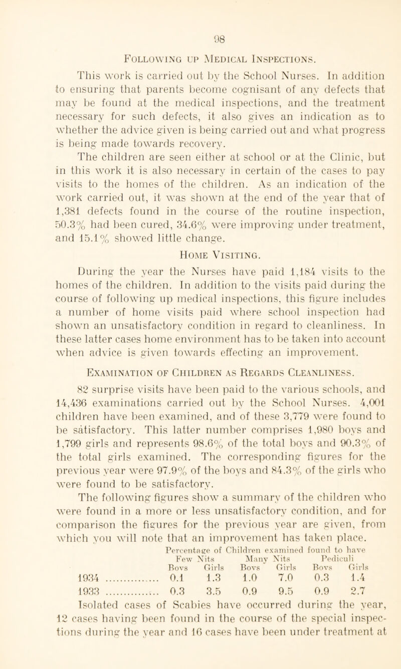 Following up Medical Inspections. This work is carried out by the School Nurses. In addition to ensuring that parents become cognisant of any defects that may be found at the medical inspections, and the treatment necessary for such defects, it also gives an indication as to whether the advice given is being carried out and what progress Is being made towards recovery. The children are seen either at school or at the Clinic, but in this work it is also necessary in certain of the cases to pay visits to the homes of the children. As an indication of the work carried out, it was shown at the end of the vear that of 1,381 defects found in the course of the routine inspection, 50.3% had been cured, 34.6% were improving under treatment, and 15.1% showed little change. Home Visiting. During the year the Nurses have paid 1,184 visits to the homes of the children. In addition to the visits paid during the course of following up medical inspections, this figure includes a number of home visits paid where school inspection had shown an unsatisfactory condition in regard to cleanliness. In these latter cases home environment has to be taken into account when advice is given towards effecting an improvement. Examination of Children as Regards Cleanliness. 82 surprise visits have been paid to the various schools, and 14,436 examinations carried out by the School Nurses. 4,001 children have been examined, and of these 3,779 were found to be satisfactory. This latter number comprises 1,980 boys and 1,799 girls and represents 98.6% of the total boys and 90.3% of the total girls examined. The corresponding figures for the previous year were 97.9% of the boys and 84.3% of the girls who were found to be satisfactory. The following figures show a summary of the children who were found in a more or less unsatisfactory condition, and for comparison the figures for the previous year are given, from which you will note that an improvement has taken place. Percentage of Children examined found to have Few Nits Many Nits Pediculi Bovs Girls Bovs Girls Bovs Girls 1934 . 0.1 1.3 1.0 7.0 0.3 1.4 1933 .u. 0.3 3.5 0.9 9.5 0.9 2.7 Isolated cases of Scabies have occurred during the year, 12 cases having been found in the course of the special inspec¬ tions during the year and 16 cases have been under treatment at