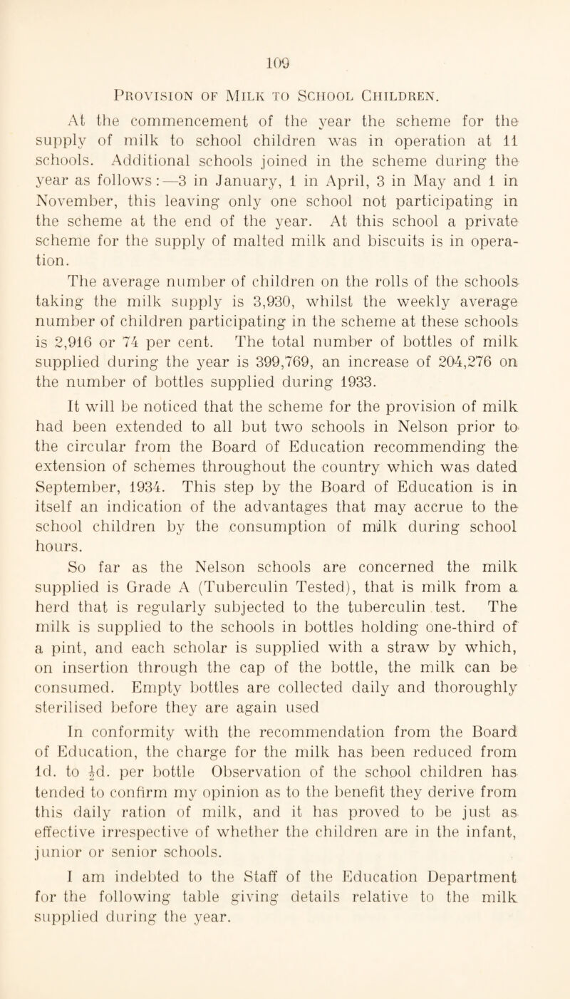 Provision of Milk to School Children. At the commencement of the year the scheme for the supply of milk to school children was in operation at 11 schools. Additional schools joined in the scheme during the year as follows:—3 in January, 1 in April, 3 in May and 1 in November, this leaving only one school not participating in the scheme at the end of the year. At this school a private scheme for the supply of malted milk and biscuits is in opera¬ tion. The average number of children on the rolls of the schools taking the milk supply is 3,930, whilst the weekly average number of children participating in the scheme at these schools is 2,916 or 74 per cent. The total number of bottles of milk supplied during the year is 399,769, an increase of 204,276 on the number of bottles supplied during 1933. It will be noticed that the scheme for the provision of milk had been extended to all but two schools in Nelson prior to the circular from the Board of Education recommending the extension of schemes throughout the country which was dated September, 1934. This step by the Board of Education is in itself an indication of the advantages that may accrue to the school children by the consumption of milk during school hours. So far as the Nelson schools are concerned the milk supplied is Grade A (Tuberculin Tested), that is milk from a herd that is regularly subjected to the tuberculin test. The milk is supplied to the schools in bottles holding one-third of a pint, and each scholar is supplied with a straw by which, on insertion through the cap of the bottle, the milk can be consumed. Empty bottles are collected daily and thoroughly sterilised before they are again used In conformity with the recommendation from the Board of Education, the charge for the milk has been reduced from Id. to 7d. per bottle Observation of the school children has tended to confirm my opinion as to the benefit they derive from this daily ration of milk, and it has proved to be just as effective irrespective of whether the children are in the infant, junior or senior schools. I am indebted to the Staff of the Education Department for the following table giving details relative to the milk supplied during the year.