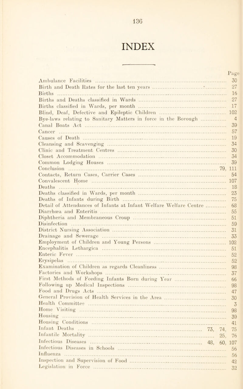 INDEX Page Ambulance Facilities . 30 Birth and Death Rates for the last ten years .. 27 Births . 16 Births and Deaths classified in Wards . 27 Births classified in Wards, per month . 17 Blind, Deaf, Defective and Epileptic Children . 102 Bye-laws relating to Sanitary Matters in force in the Borough . 4 Canal Boats Act . 39 Cancer . 57 Causes of Death . 19 Cleansing and Scavenging . 34 Clinic and Treatment Centres . 30 Closet Accommodation . 34 Common Lodging Houses . 39 Conclusion . 79, 111 Contacts, Return Cases, Carrier Cases . 54 Convalescent Home . 107 Deaths . 18 Deaths classified in Wards, per month . 23 Deaths of Infants during Birth . 75 Detail of Attendances of Infants at Infant Welfare Welfare Centre . 68 Diarrhoea and Enteritis . 55 Diphtheria and Membraneous Croup . 51 Disinfection . 59 District Nursing Association . 31 Drainage and Sewerage . 33 Employment of Children and Young Persons .. 102 Encephalitis Lethargica . 51 Enteric Fever . 52 Erysipelas . 52 Examination of Children as regards Cleanliness . 98 Factories and Workshops . 37 First Methods of Feeding Infants Born during Year . 66 Following up Medical Inspections . 98 Food and Drugs Acts . 47 General Provision of Health Services in the Area . 30 Health Committee . 3 Home Visiting . gg Housing . 39 Housing Conditions . 41 Infant Deaths . 73. 74. 75 Infantile Mortality . 25. 76 Infectious Diseases . 48. 60. 107 Infectious Diseases in Schools . 56 Influenza . 56 Inspection and Supervision of Food . 42 Legislation in Force . 32