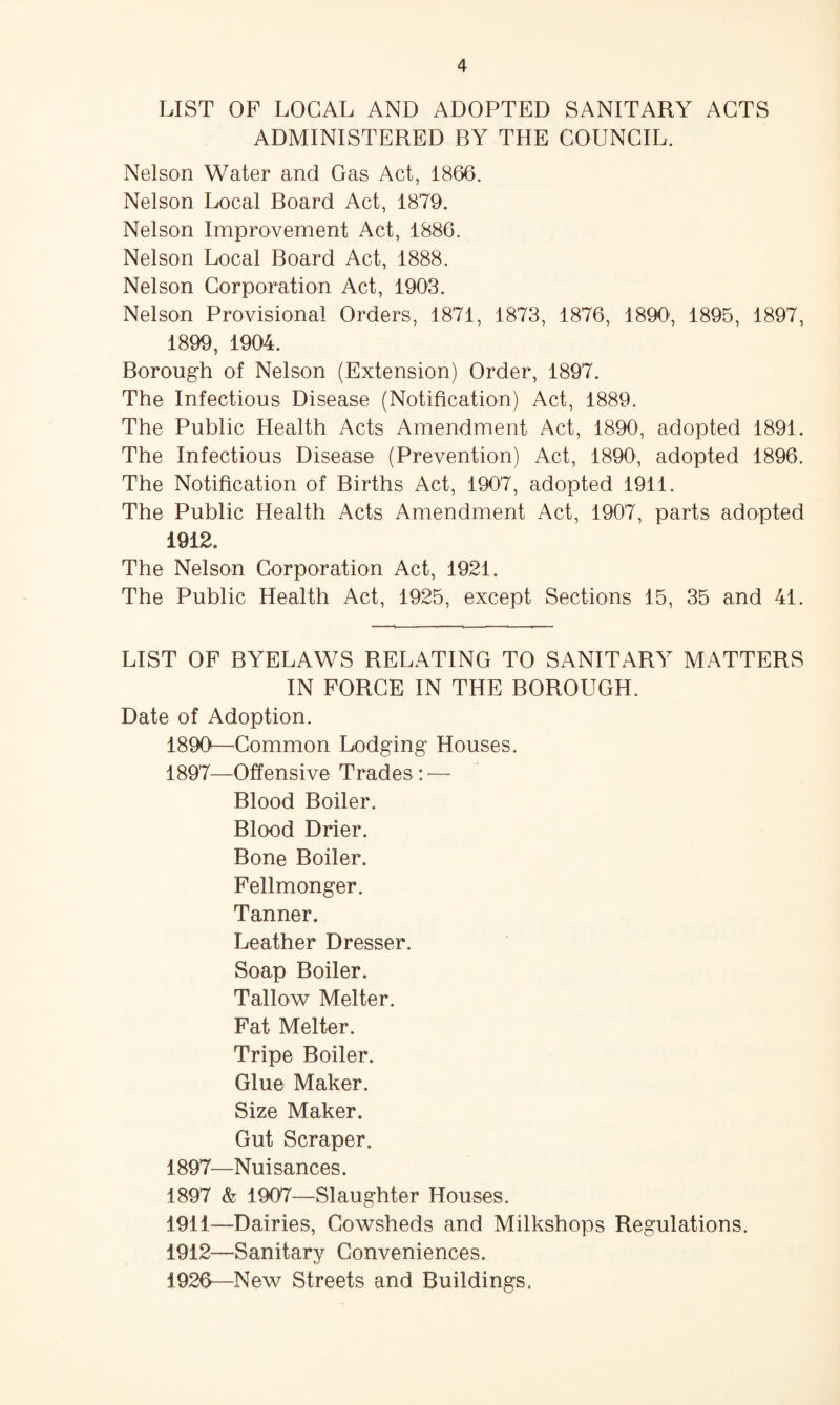 LIST OF LOCAL AND ADOPTED SANITARY ACTS ADMINISTERED BY THE COUNCIL. Nelson Water and Gas Act, 1866. Nelson Local Board Act, 1879. Nelson Improvement Act, 1886. Nelson Local Board Act, 1888. Nelson Corporation Act, 1903. Nelson Provisional Orders, 1871, 1873, 1876, 1890, 1895, 1897, 1899, 1904. Borough of Nelson (Extension) Order, 1897. The Infectious Disease (Notification) Act, 1889. The Public Health Acts Amendment Act, 1890, adopted 1891. The Infectious Disease (Prevention) Act, 1890, adopted 1896. The Notification of Births Act, 1907, adopted 1911. The Public Health Acts Amendment Act, 1907, parts adopted 1912. The Nelson Corporation Act, 1921. The Public Health Act, 1925, except Sections 15, 35 and 41. LIST OF BYELAWS RELATING TO SANITARY MATTERS IN FORGE IN THE BOROUGH. Date of Adoption. 1890—Common Lodging Houses. 1897—Offensive Trades: — Blood Boiler. Blood Drier. Bone Boiler. Fellmonger. Tanner. Leather Dresser. Soap Boiler. Tallow Melter. Fat Melter. Tripe Boiler. Glue Maker. Size Maker. Gut Scraper. 1897—Nuisances. 1897 & 1907—Slaughter Houses. 1911— Dairies, Cowsheds and Milkshops Regulations. 1912— Sanitary Conveniences. 1926—New Streets and Buildings.