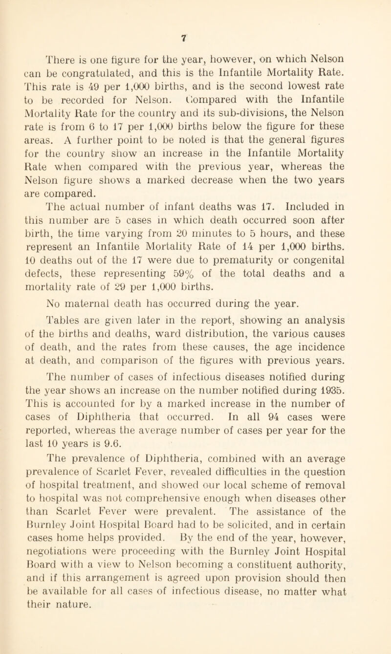 There is one figure for the year, however, on which Nelson can be congratulated, and this is the Infantile Mortality Rate. This rate is 49 per 1,000 births, and is the second lowest rate to be recorded for Nelson, clompared with the Infantile Mortality Rate for the country and its sub-divisions, the Nelson rate is from 6 to 17 per 1,000 births below the figure for these areas. A further point to be noted is that the general figures for the country show an increase in the Infantile Mortality Rate when compared with the previous year, whereas the Nelson figure shows a marked decrease when the two years are compared. The actual number of infant deaths was 17. Included in this number are 5 cases m which death occurred soon after birth, the time varying from 20 minutes to 5 hours, and these represent an Infantile Mortality Rate of 14 per 1,000 births. 10 deaths out of the 17 were due to prematurity or congenital defects, these representing 59% of the total deaths and a mortality rate of 29 per 1,000 births. No maternal death has occurred during the year. Tables are given later in the report, showing an analysis of the births and deaths, ward distribution, the various causes of death, and the rates from these causes, the age incidence at death, and comparison of the figures with previous years. The number of cases of infectious diseases notified during the year shows an increase on the number notified during 1935. This is accounted for by a marked increase in the number of cases of Diphtheria that occurred. In all 94 cases were reported, whereas the average number of cases per year for the last 10 years is 9.6. The prevalence of Diphtheria, combined with an average prevalence of Scarlet Fever, revealed difficulties in the question of hospital treatment, and showed our local scheme of removal to hospital was not comprehensive enough when diseases other than Scarlet Fever were prevalent. The assistance of the Burnley Joint Hospital Board had to be solicited, and in certain cases home helps provided. By the end of the year, however, negotiations were proceeding with the Burnley Joint Hospital Board with a view to Nelson becoming a constituent authority, and if this arrangement is agreed upon provision should then be available for all cases of infectious disease, no matter what their nature.