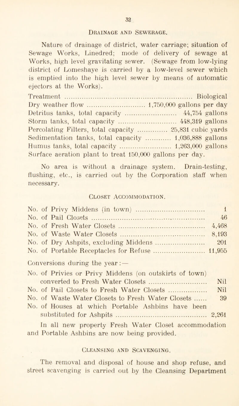 Drainage and Sewerage. Nature of drainage of district, water carriage; situation of Sewage Works, Linedred; mode of delivery of sewage at Works, high level gravitating sewer. (Sewage from low-lying district of Lomeshaye is carried by a low-level sewer which is emptied into the high level sewer by means of automatic ejectors at the Works). Treatment . Biological Dry weather flow . 1,750,000 gallons per day Detritus tanks, total capacity . 44,754 gallons Storm tanks, total capacity . 448,319 gallons Percolating Filters, total capacity . 25,831 cubic yards Sedimentation tanks, total capacity . 1,036,888 gallons Humus tanks, total capacity . 1,263,000 gallons Surface aeration plant to treat 150,000 gallons per day. No area is without a drainage system. Drain-testing, flushing, etc., is carried out by the Corporation staff when necessary. Closet Accommodation. No. of Privy Middens (in town) . 1 No. of Pail Closets . 46 No. of Fresh Water Closets . 4,468 No. of Waste Water Closets . 8,193 No. of Dry Ashpits, excluding Middens . 201 No. of Portable Receptacles for Refuse . 11,955 Conversions during the year : — No. of Privies or Privy Middens (on outskirts of town) converted to Fresh Water Closets . Nil No. of Pail Closets to Fresh Water Closets . Nil No. of Waste Water Closets to Fresh Water Closets . 39 No. of Honses at which Portable Ashbins have been substituted for Ashpits . 2,261 In all new property Fresh Water Closet accommodation and Portable Ashbins are now being provided. Cleansing and Scavenging. The removal and disposal of house and shop refuse, and street scavenging is carried out by the Cleansing Department