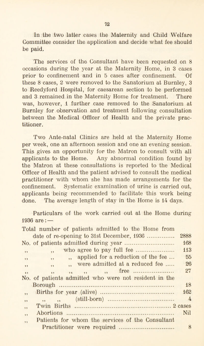 In the two latter cases the Maternity and Child Welfare Committee consider the application and decide what fee should be paid. The services of the Consultant have been requested on 8 occasions during the year at the Maternity Home, in 3 cases prior to confinement and in 5 cases after confinement. Of these 8 cases, 2 were removed to the Sanatorium at Burnley, 3 to Reedy ford Hospital, for caesarean section to be performed and 3 remained in the Maternity Home for treatment. There was, however, 1 further case removed to the Sanatorium at Burnley for observation and treatment following consultation between the Medical Officer of Health and the private prac¬ titioner. Two Ante-natal Clinics are held at the Maternity Home per week, one an afternoon session and one an evening session. This gives an opportunity for the Matron to consult with all applicants to the Home. Any abnormal condition found by the Matron at these consultations is reported to the Medical Officer of Health and the patient advised to consult the medical practitioner with whom she has made arrangements for the confinement. Systematic examination of urine is carried out, applicants being recommended to facilitate this work being done. The average length of stay in the Home is 14 days. Particulars of the work carried out at the Home during 1936 are: — Total number of patients admitted to the Home from date of re-opening to 31st December, 1936 . 2888 No. of patients admitted during year . 168 ,, ,, who agree to pay full fee . 113 ,, ,, ,, applied for a reduction of the fee ... 55 ,, ,, ,, were admitted at a reduced fee . 26 ») ) > 5 >1 i > »» free . 2T No. of patients admitted who were not resident in the Borough . 18 ,, Births for year (alive) . 162 ,, ,, ,, (still-born) . 4 ,, Twin Births .2 cases ,, Abortions . Nil ,, Patients for whom the services of the Consultant Practitioner were required . 8