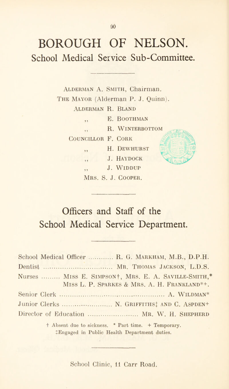 BOROUGH OF NELSON. School Medical Service Sub-Committee. Alderman A. Smith, Chairman. The Mayor (Alderman P. J. Quinn). Alderman R. Bland ,, E. Boothman ,, R. WiNTERBOTTOM Councillor F. Cork ,, H. Dewhurst ,, J. Haydock ,, J. WiDDUP Mrs. S. j. Cooper. Officers and Staff of the School Medical Service Department. School Medical Officer . R. G. Markham, M.B., D.P.H. Dentist . Mr. Thomas J.ackson, L.D.S. Nurses . Miss E. SiMPsoNf, Mrs. E. A. Saville-Smith,* Miss L. P. Sparkes & Mrs. A. H. Frankland*+. Senior Clerk . A. Wildman* Junior Clerks. N. Griffiths^; and C. Aspden+ Director of Education . Mr. VV. H. Shepherd t Absent due to sickness. * Part time. + Temporary. ^-Engaged in Public Health Department duties. School Clinic, 11 Carr Road.