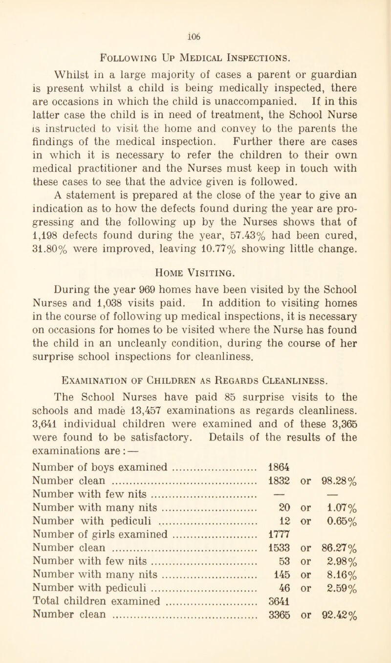 Following Up Medical Inspections. Whilst in a large majority of cases a parent or guardian is present whilst a child is being medically inspected, there are occasions in which the child is unaccompanied. If in this latter case the child is in need of treatment, the School Nurse IS instructed to visit the home and convey to the parents the findings of the medical inspection. Further there are cases in which it is necessary to refer the children to their own medical practitioner and the Nurses must keep in touch with these cases to see that the advice given is followed. A statement is prepared at the close of the year to give an indication as to how the defects found during the year are pro¬ gressing and the following up by the Nurses shows that of 1,198 defects found during the year, 57.43% had been cured, 31.80% were improved, leaving 10.77% showing little change. Home Visiting. During the year 969 homes have been visited by the School Nurses and 1,038 visits paid. In addition to visiting homes in the course of following up medical inspections, it is necessary on occasions for homes to be visited where the Nurse has found the child in an uncleanly condition, during the course of her surprise school inspections for cleanliness. Examination of Children as Regards Cleanliness. The School Nurses have paid 85 surprise visits to the schools and made 13,457 examinations as regards cleanliness. 3,641 individual children were examined and of these 3,366 were found to be satisfactory. Details of the results of the examinations are: — Number of boys examined . 1864 Number clean . 1832 or 98.28% Number with few nits. — — Number with many nits. 20 or 1.07% Number with pediculi .. 12 or 0.65% Number of girls examined . 1777 Number clean . 1533 or 86.27% Number with few nits. 53 or 2.98% Number with many nits. 145 or 8.16% Number with pediculi. 46 or 2.59% Total children examined . 3641 Number clean . 3365 or 92.42%
