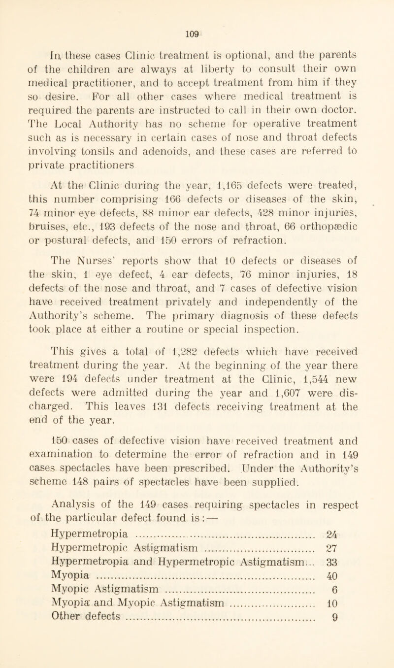 In these cases Clinic treatment is optional, and the parents of the children are always at liberty to consult their own medical practitioner, and to accept treatment from him if they so desire. For all other cases where medical treatment is required the parents are instructed to call in their own doctor. The Local Authority has no scheme for operative treatment such as is necessary in certain cases of nose and throat defects involving tonsils and adenoids, and these cases are referred to private practitioners At the Clinic during the year, 1,165 defects were treated, this number comprising 166 defects or diseases of the skin, 74 minor eye defects, 88 minor ear defects, 428 minor injuries, bruises, etc., 193 defects of the nose and throat, 66 orthopaedic or postural defects, and 150 errors of refraction. The Nurses’ reports show that 10 defects or diseases of the skin, 1 eye defect, 4 ear defects, 76 minor injuries, 18 defects of the nose and throat, and 7 cases of defective vision have received treatment privately and independently of the Authority’s scheme. The primary diagnosis of these defects took place at either a routine or special inspection. This gives a total of 1,282 defects which have received treatment during the year. At the beginning of the year there were 194 defects under treatment at the Clinic, 1,544 new defects were admitted during the year and 1,607 were dis¬ charged. This leaves 131 defects receiving treatment at the end of the year. 150 cases of defective vision have received treatment and examination to determine the error of refraction and in 149 cases spectacles have been prescribed. Under the Authority’s scheme 148 pairs of spectacles have been supplied. Analysis of the 149 cases requiring spectacles in respect of the particular defect found is: — Hypermetropia . 24 Hypermetropic Astigmatism . 27 Hypermetropia and Hypermetropic Astigmatism... 33 Myopia . 40 Myopic Astigmatism . 6 Myopia and Myopic Astigmatism . 10 Other defects . 9